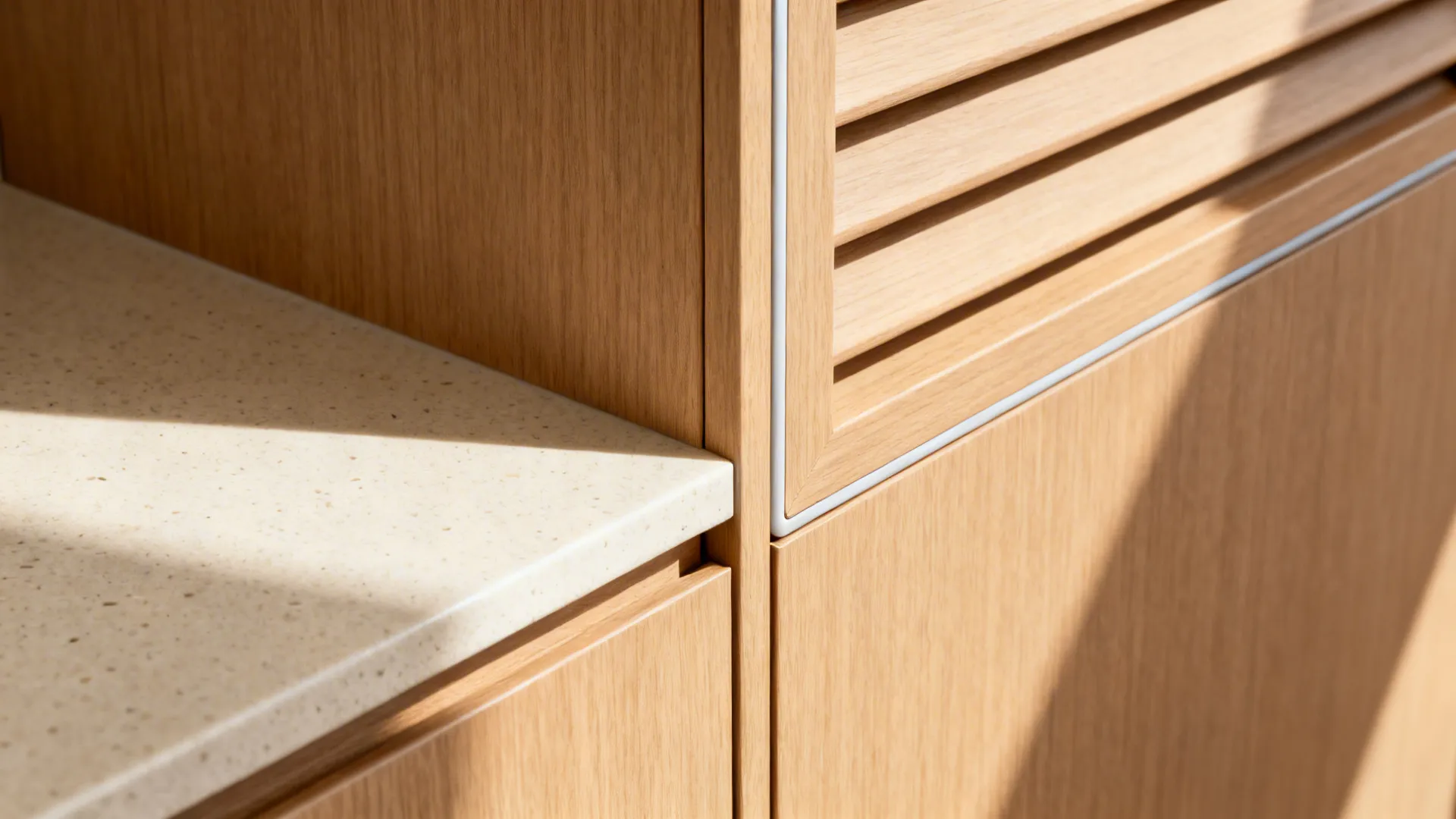 Macro of a quartz countertop junction with matte HPL shutter and clean ABS edging.