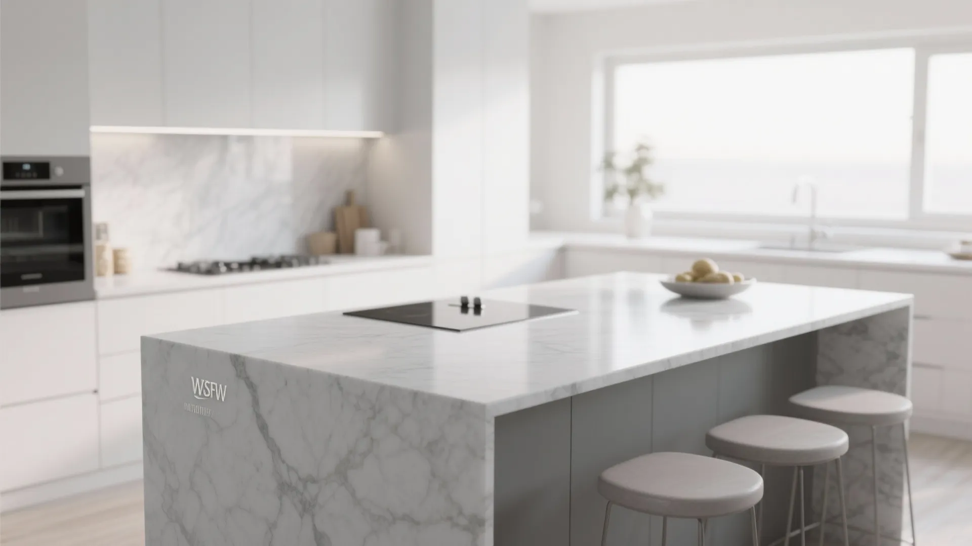 Minimalist white kitchen with marble island three bar stools wall oven and bright window in background
