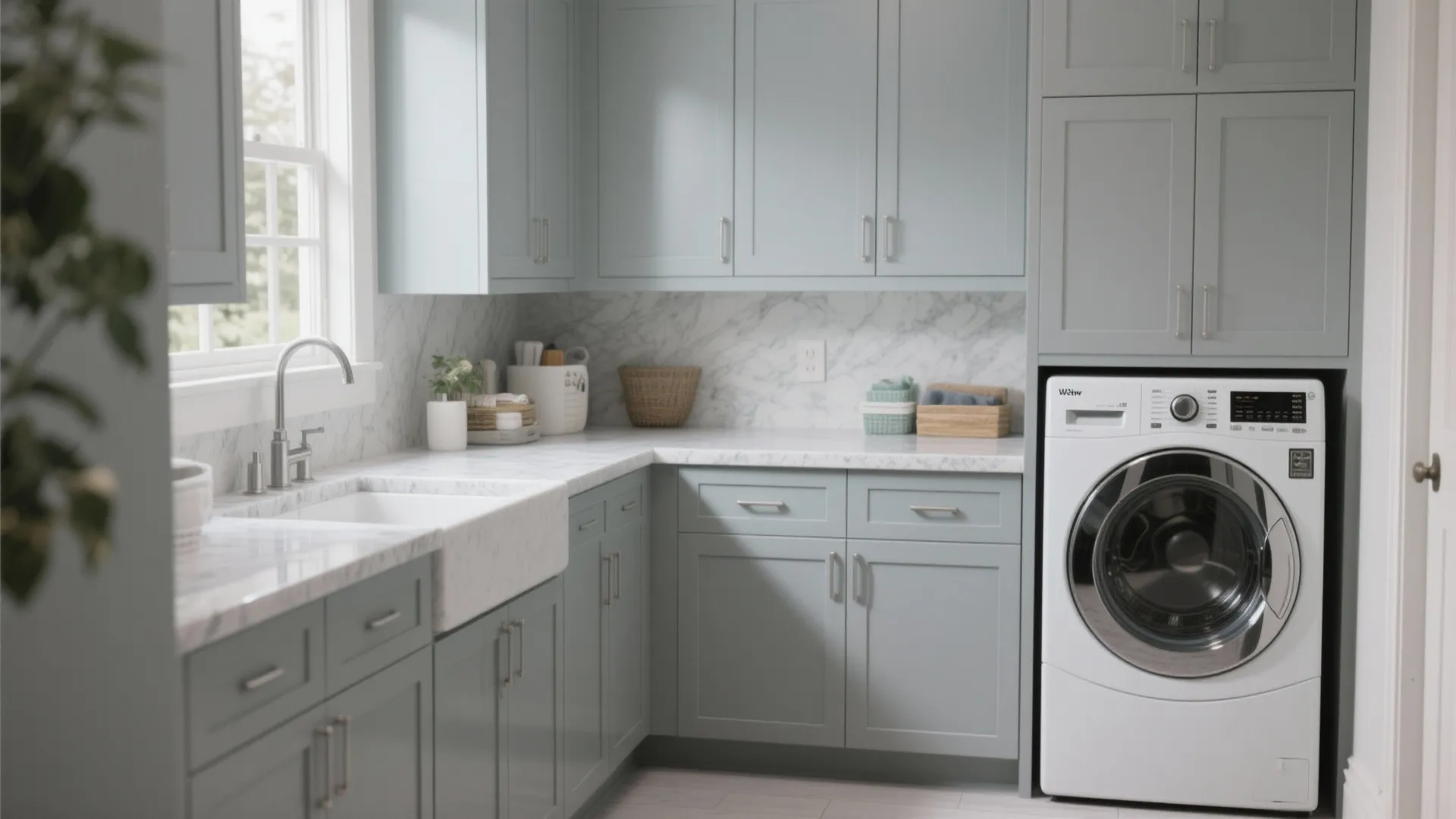 Modern laundry room with light blue cabinets white marble countertop sink and a washing machine