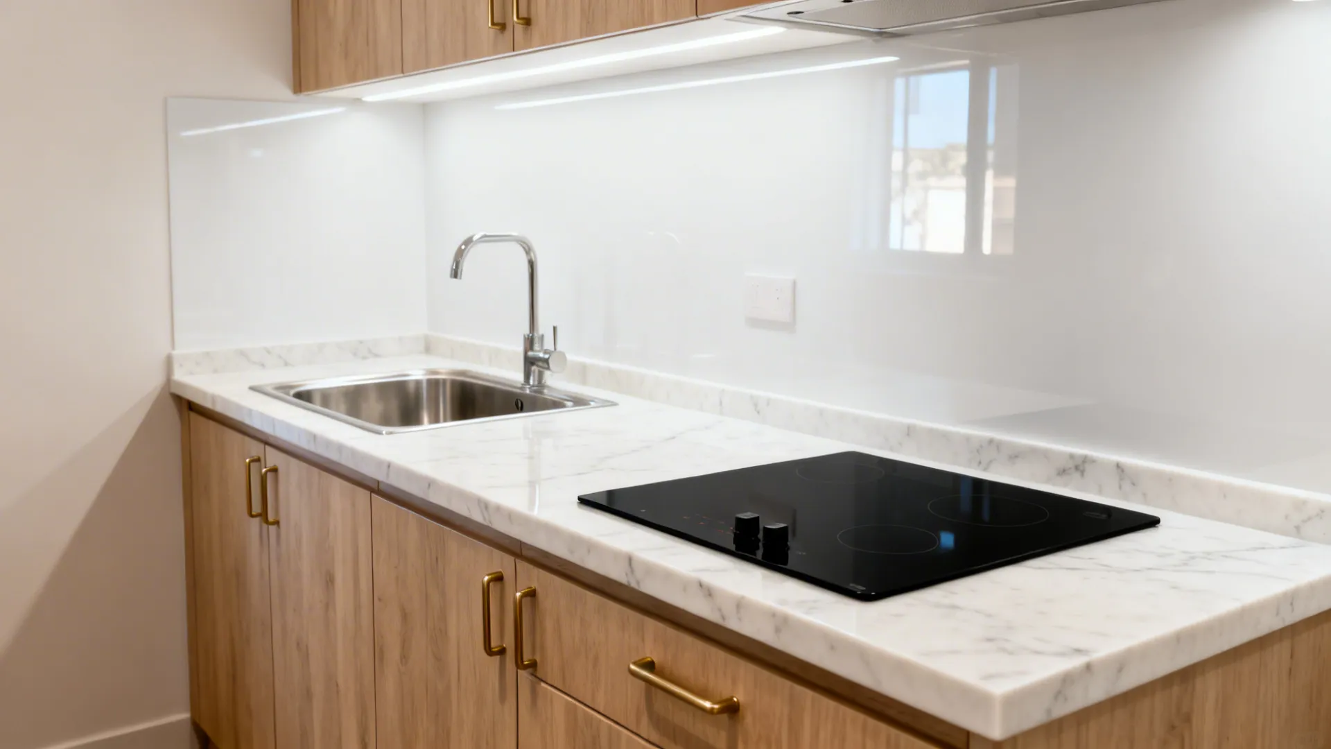 Soft-veined white engineered quartz countertop with square edge in a compact kitchen.