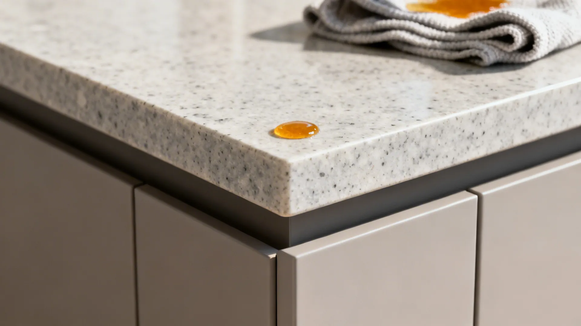 Macro detail of light-grey quartz edge with subtle speckle and matte cabinet below.