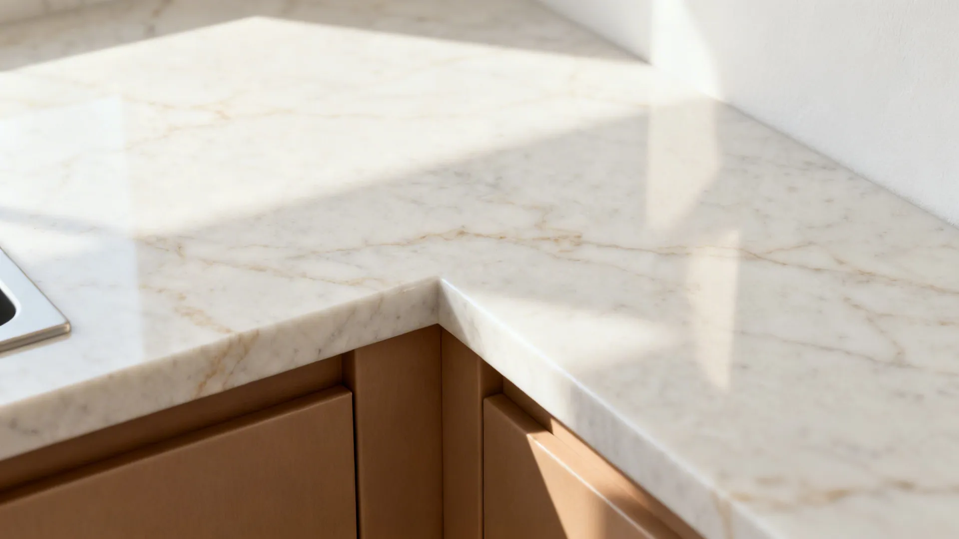 Close up white marble countertop with brown veins on wooden cabinets under bright natural sunlight