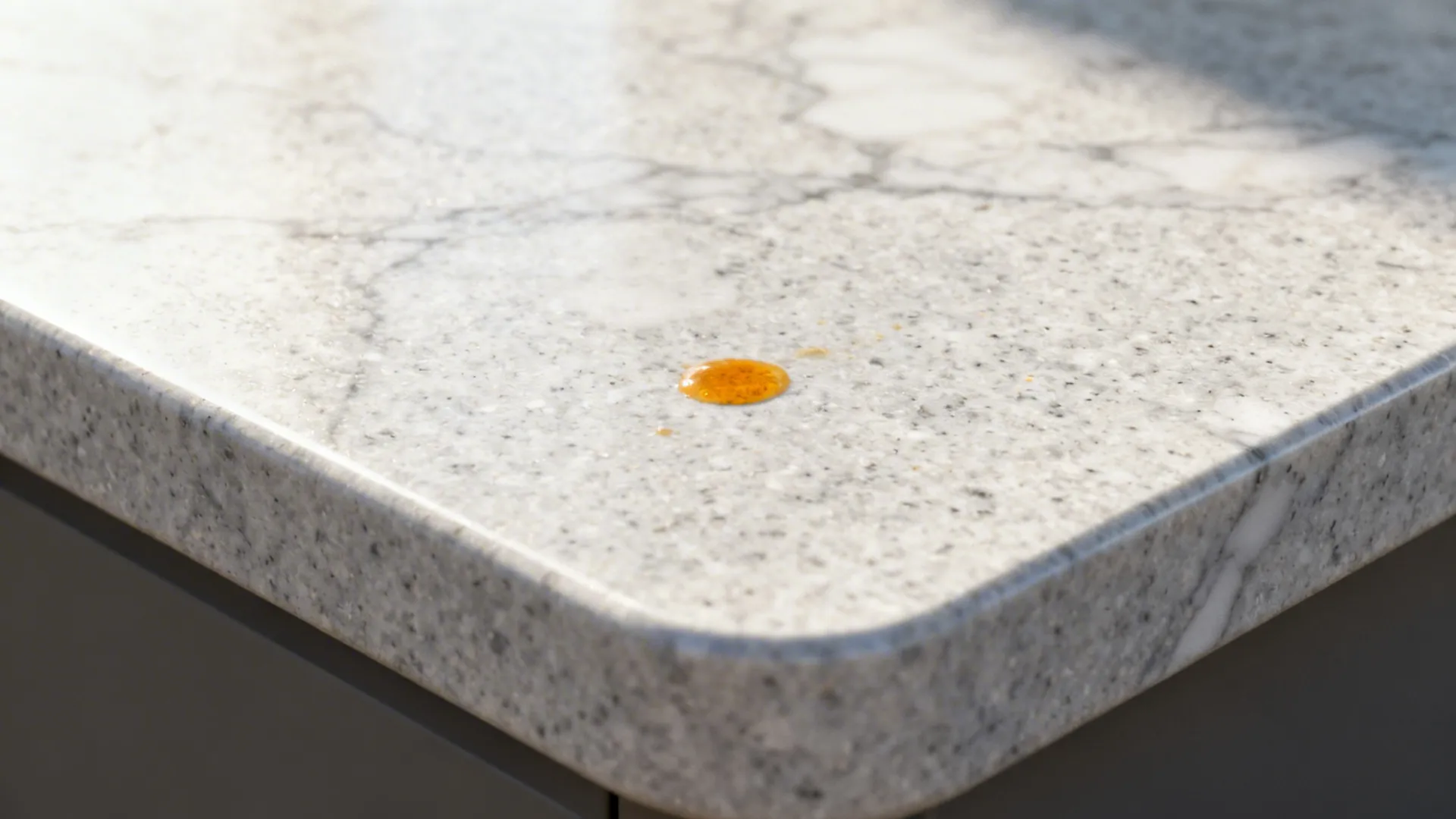 Macro of light-grey quartz with subtle veining and a smooth eased edge in soft daylight.