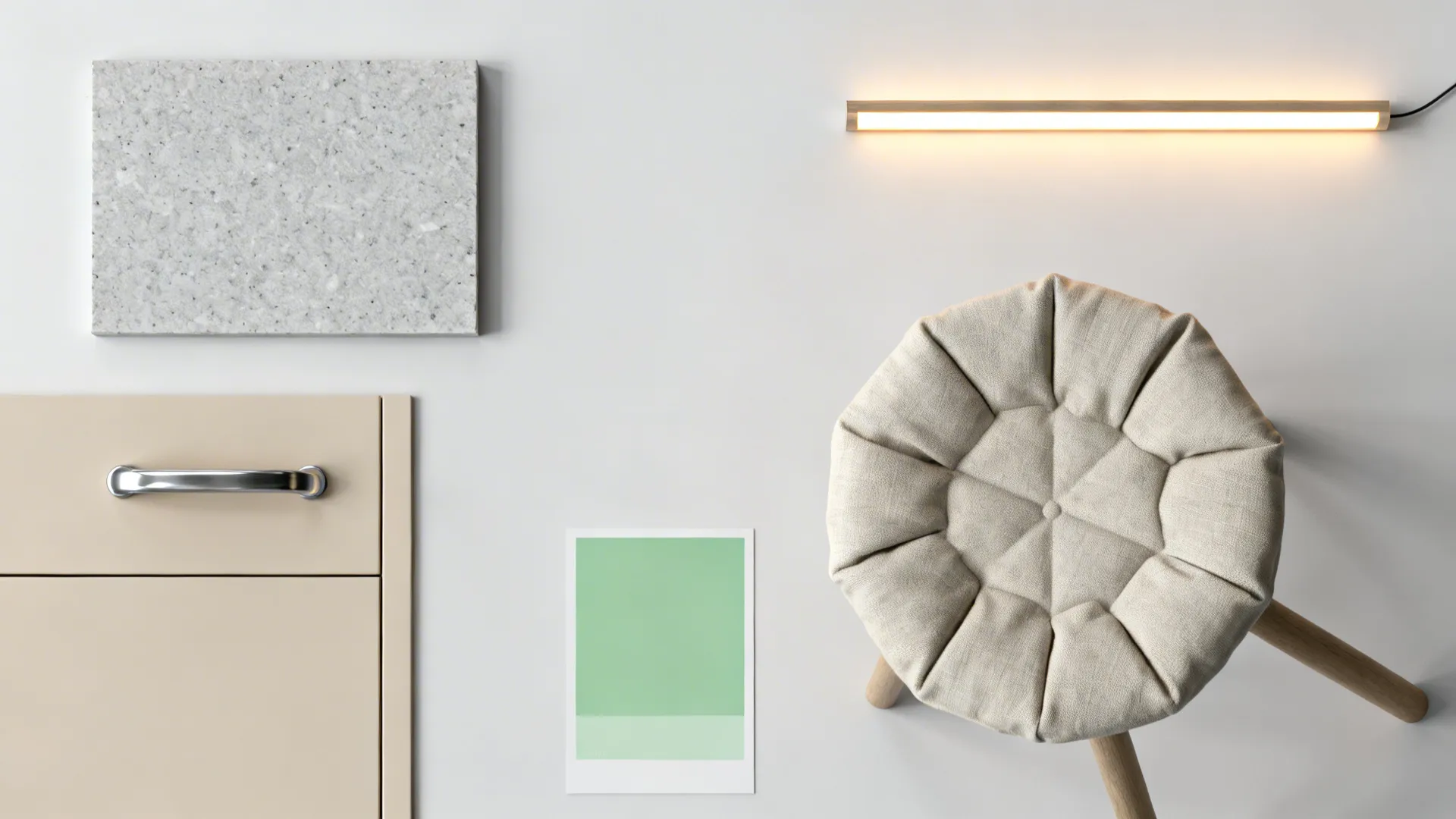 Flat lay of light-grey quartz, matte beige cabinet, stainless, and soft green swatches.