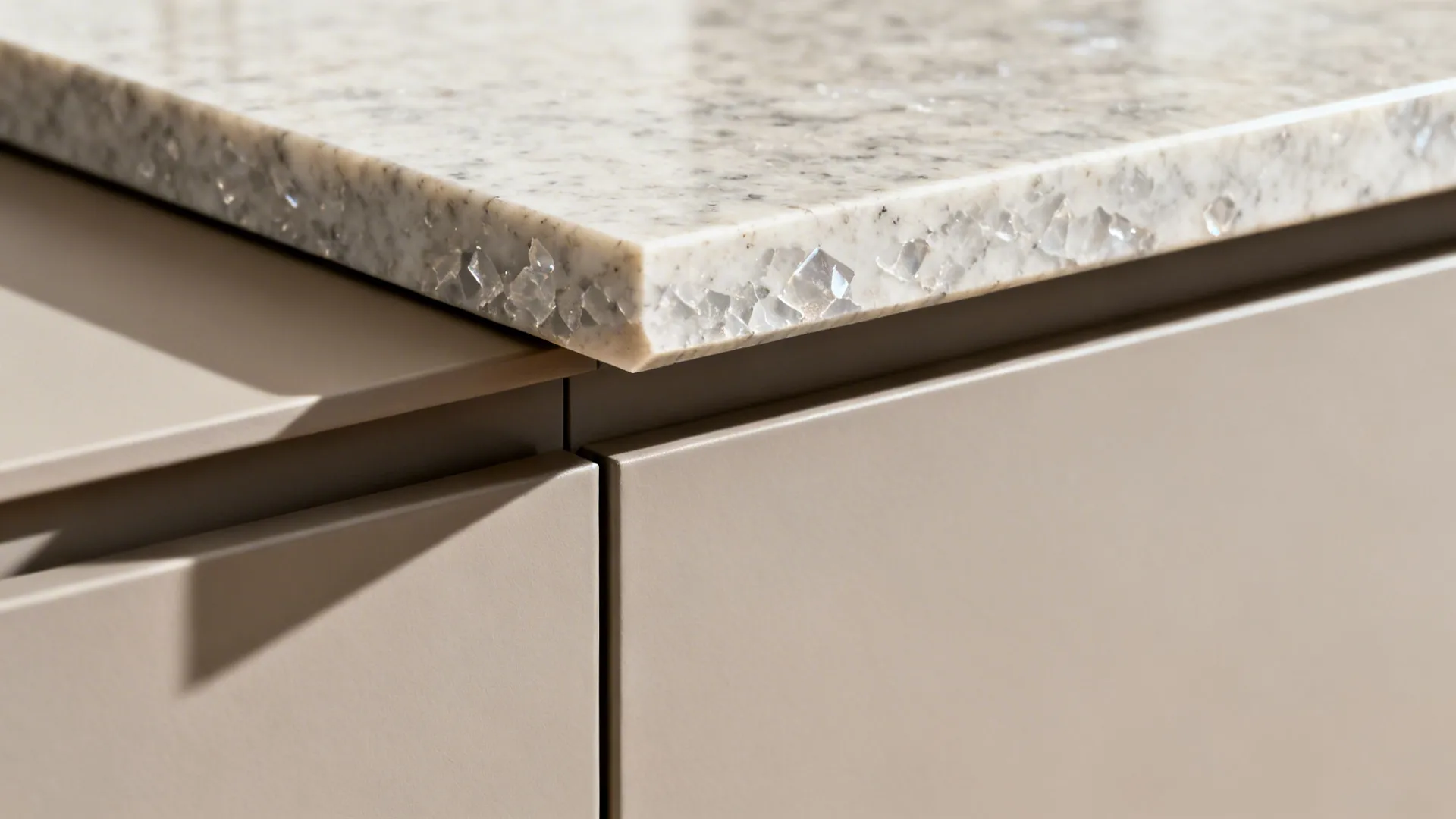 Macro of a chamfered quartz ledge meeting matte anti-fingerprint laminate cabinet doors.