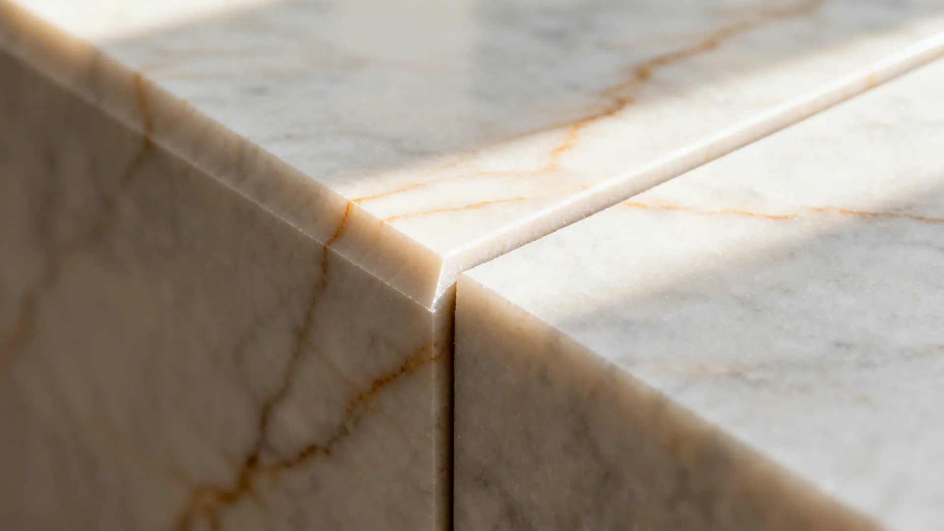 Macro of quartz double slab miter with aligned veining and crisp chamfer.