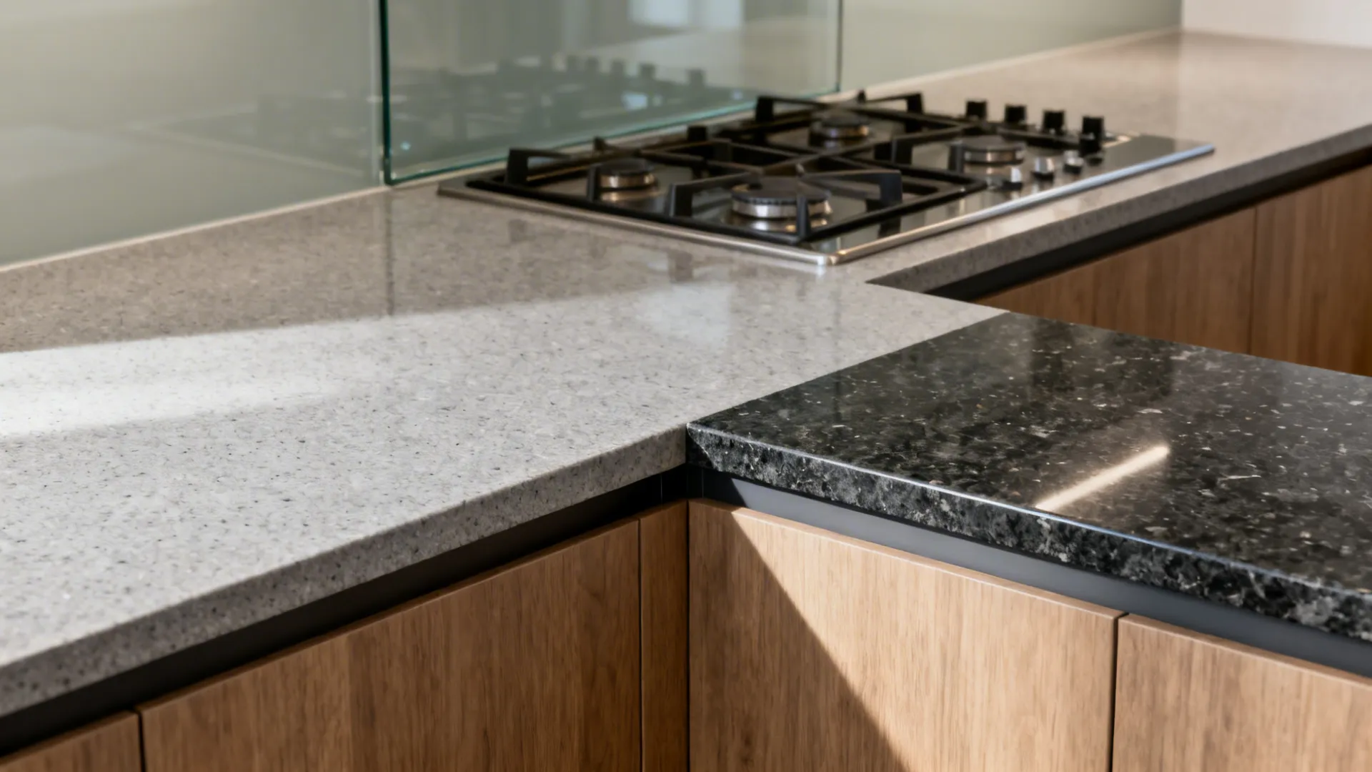 Close up of light grey and dark grey stone countertops with wooden kitchen cabinet doors