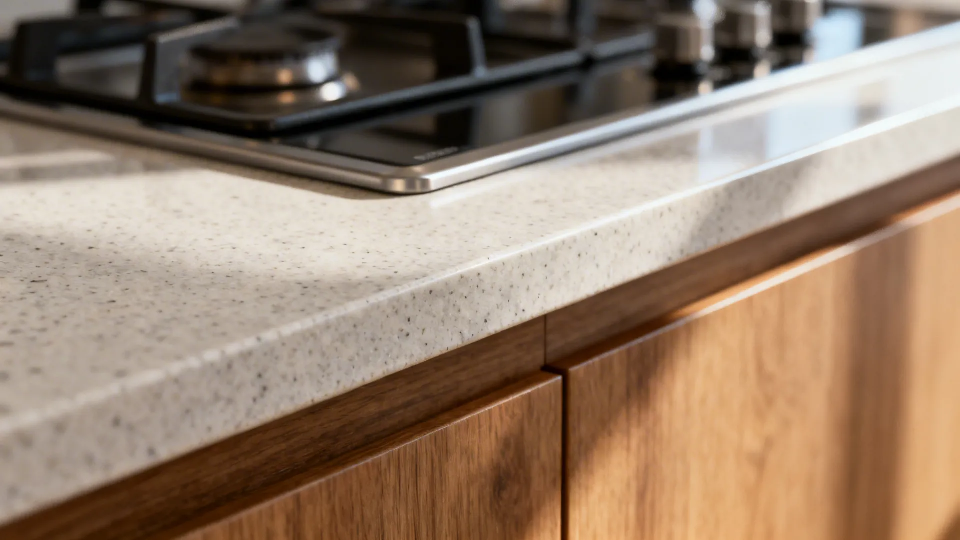 Macro of heat-resistant quartz countertop edge beside a cooktop with warm wood cabinetry.