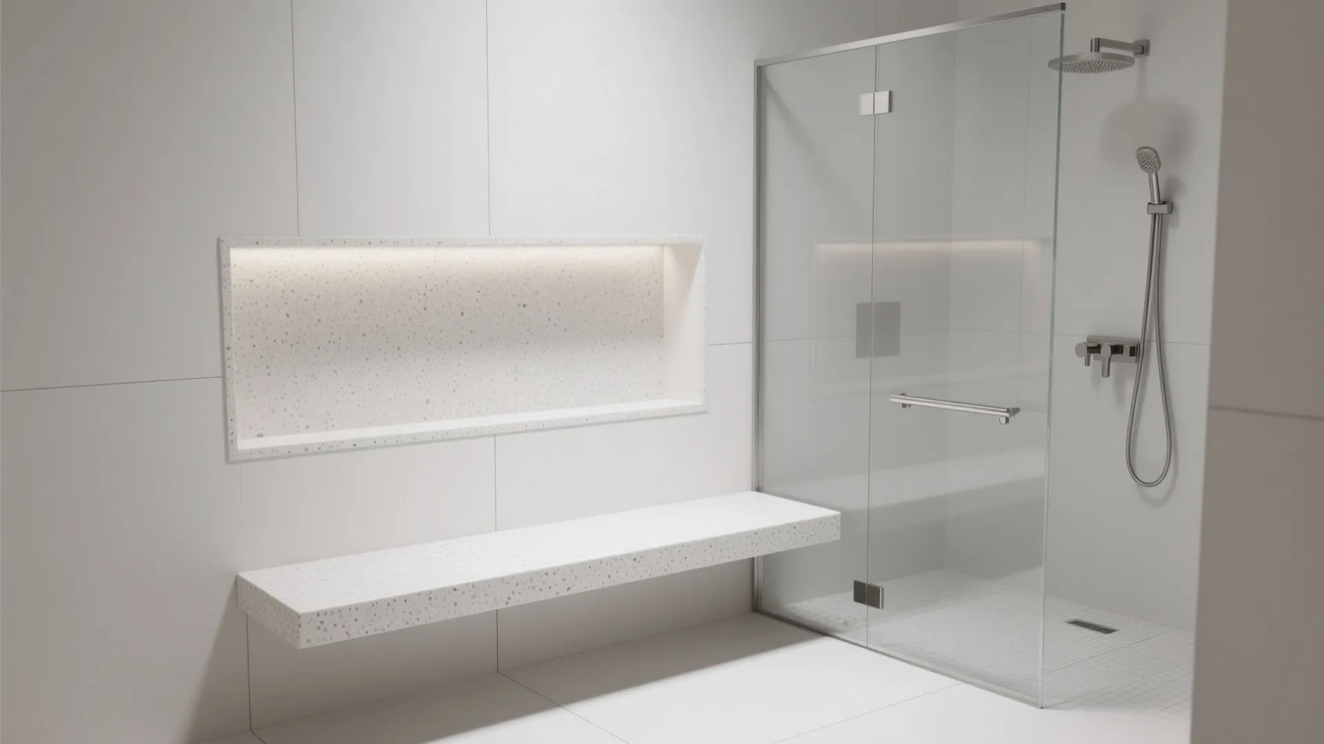 Minimalist shower with a quartz niche bench aligned to grout lines and gentle slope for drainage.
