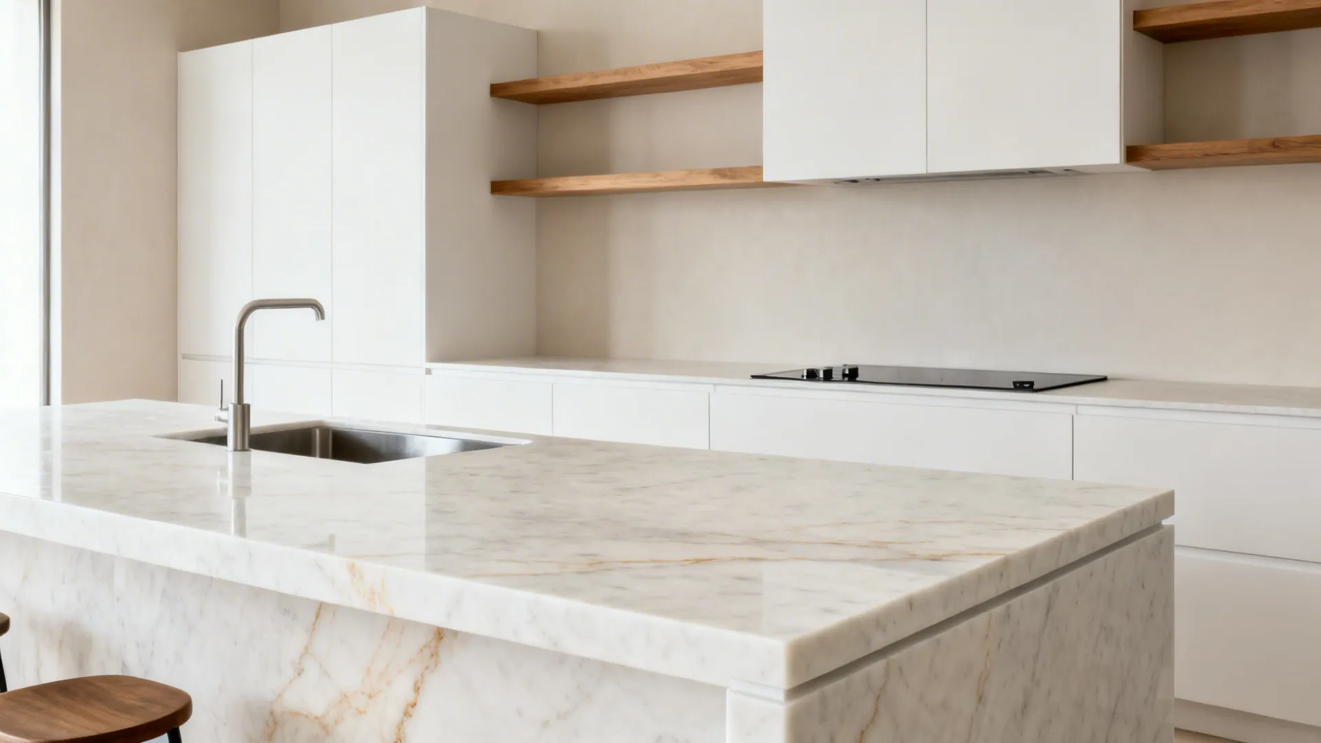 Minimalist quartz-on-quartz double slab with seamless edges and warm oak shelves.