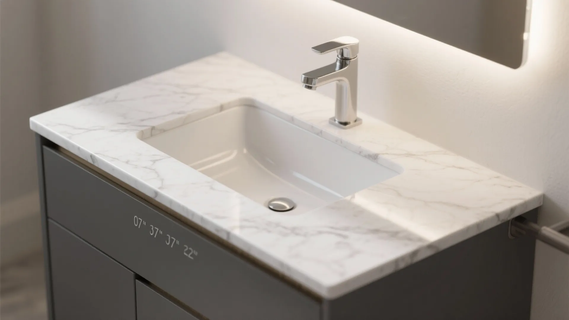 White rectangular bathroom sink under marble countertop with silver faucet and grey cabinet below it