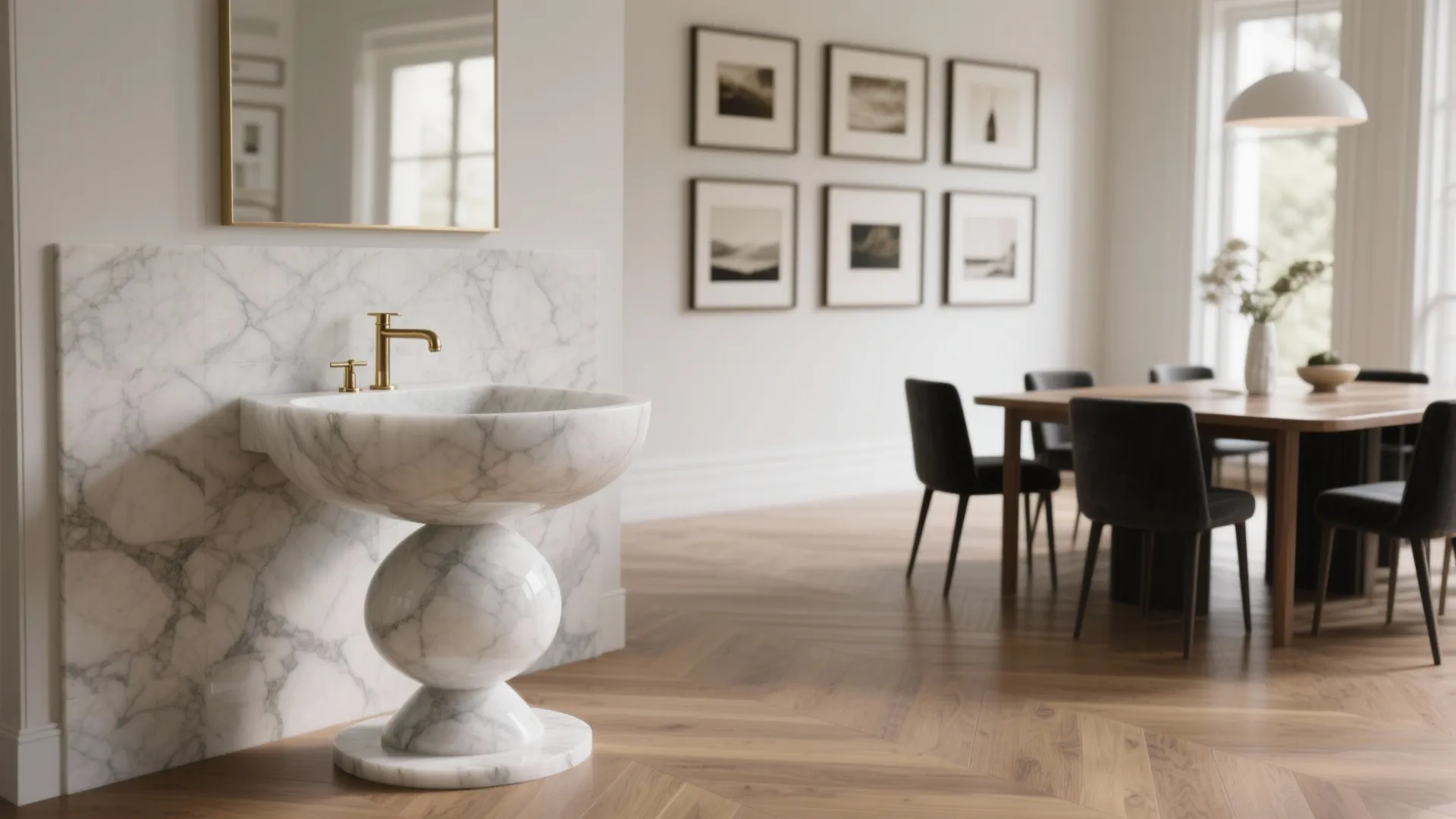 Unique marble sink with gold faucet next to a dining area with wood floor and pictures
