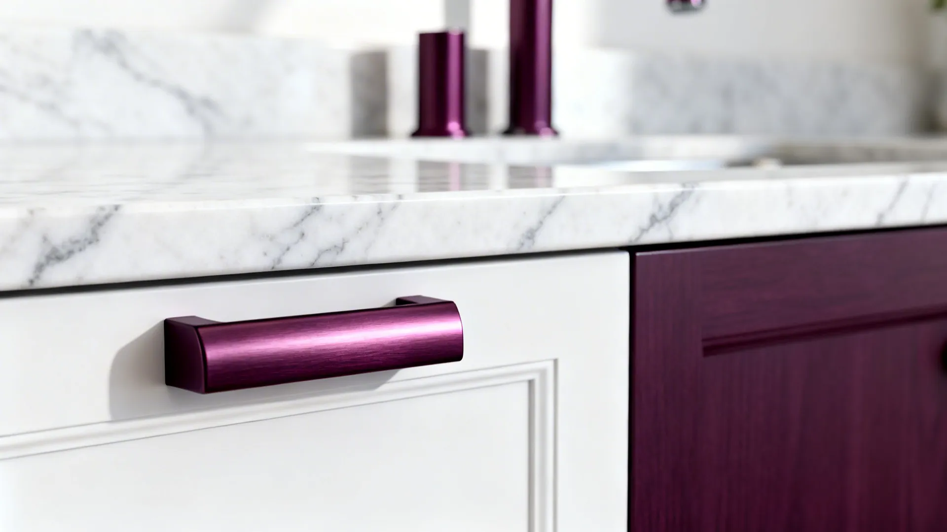 White Quartz + Plum Hardware Contrast