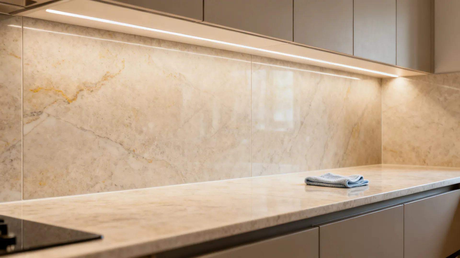 Quartz countertop with full-height porcelain backsplash and minimal grout lines.