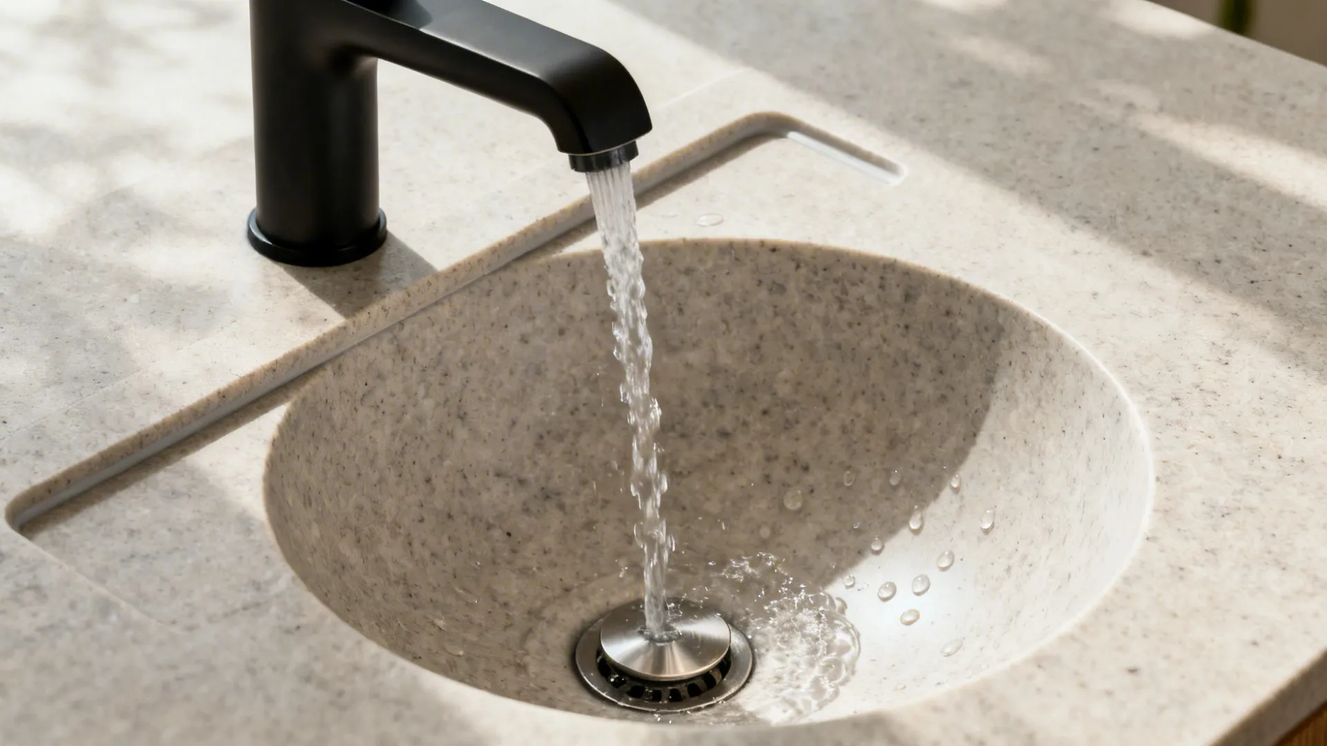 Macro shot of quartz ledge with micro-bowl and slim splash rail, matte black faucet.