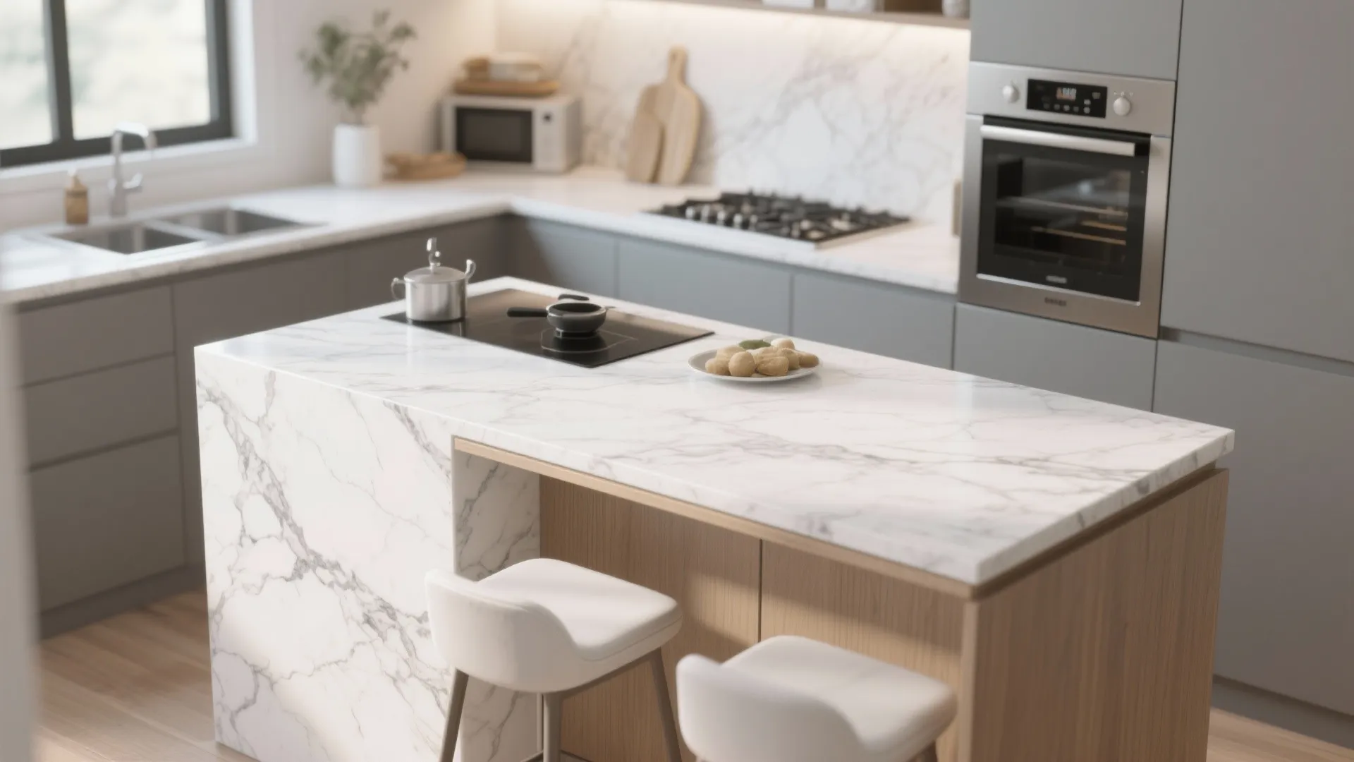 White marble kitchen island with stools grey cabinets oven and light wood floor interior design