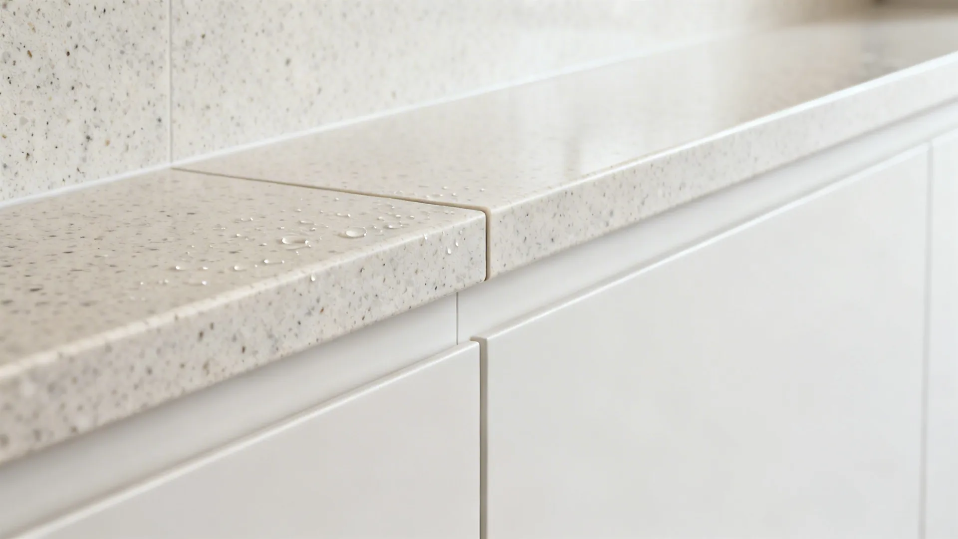 Macro of quartz countertop and full-height quartz backsplash with clean eased edge and tight seam.