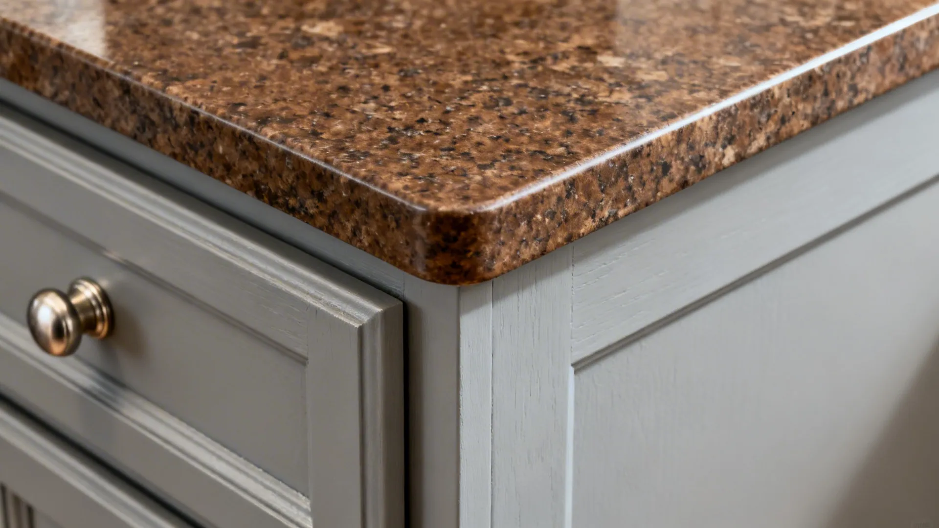 Close-up of coffee-brown quartz edge and light-grey shaker cabinet rail with nickel knob.