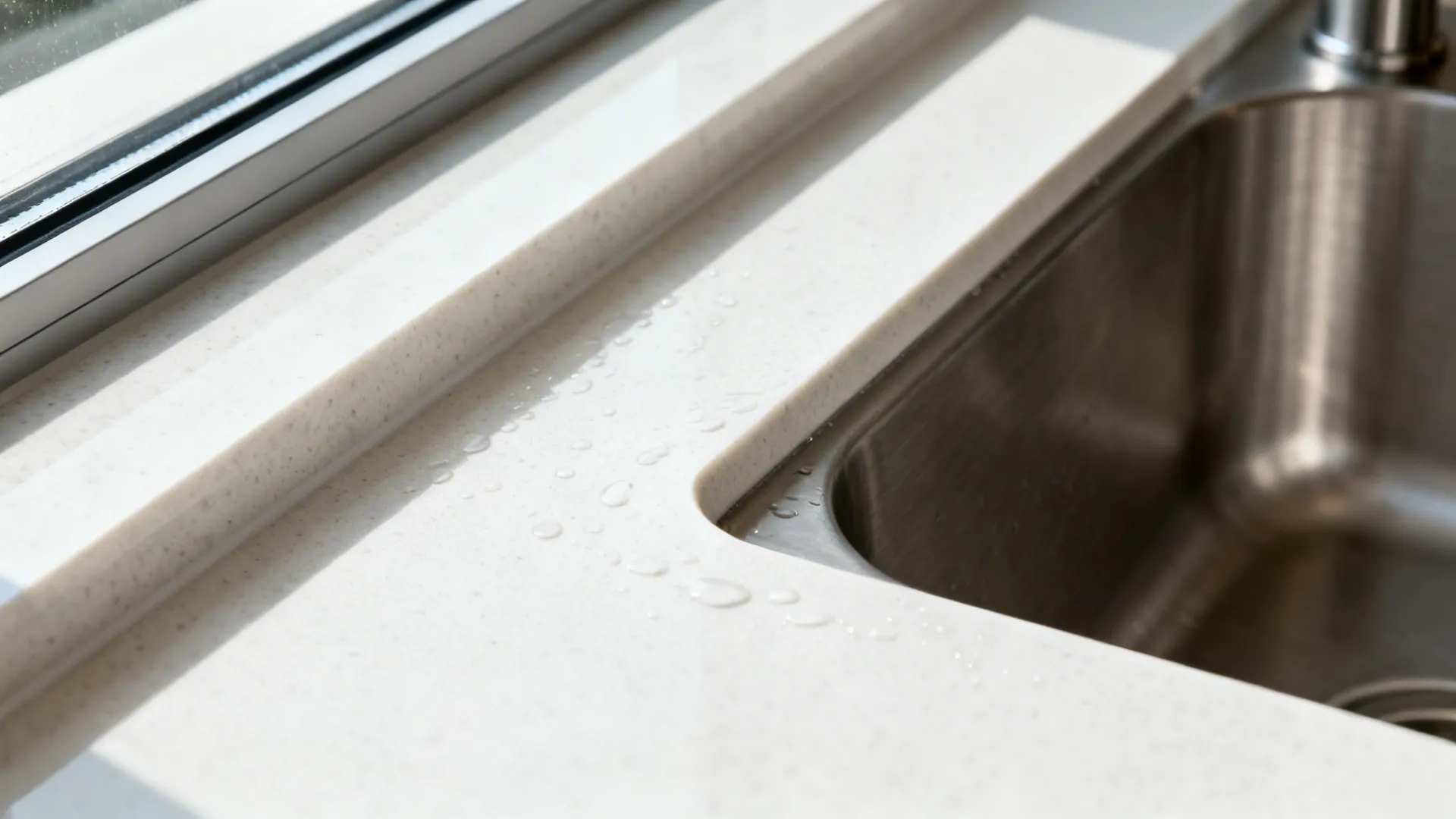 Macro view of a micro-beveled quartz sill draining toward a stainless sink.