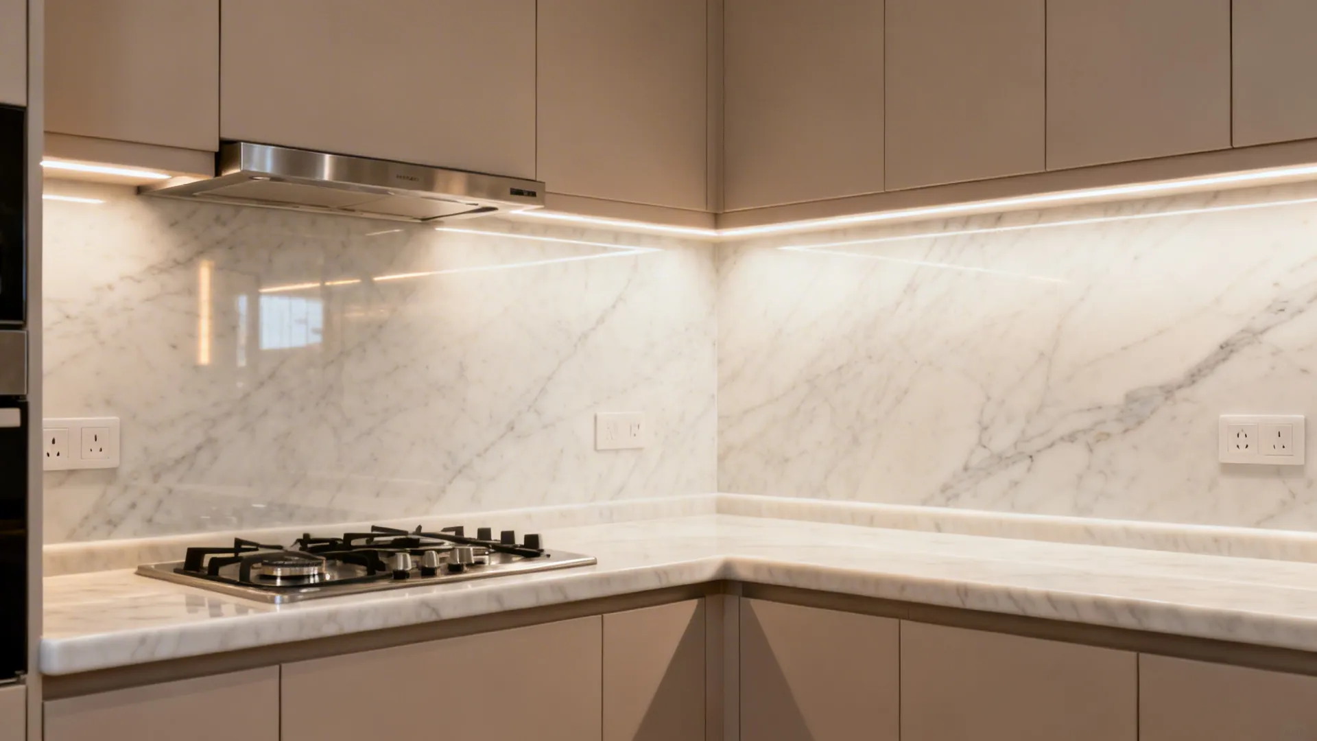 Full-height light quartz slab backsplash with subtle veining behind a cooktop.