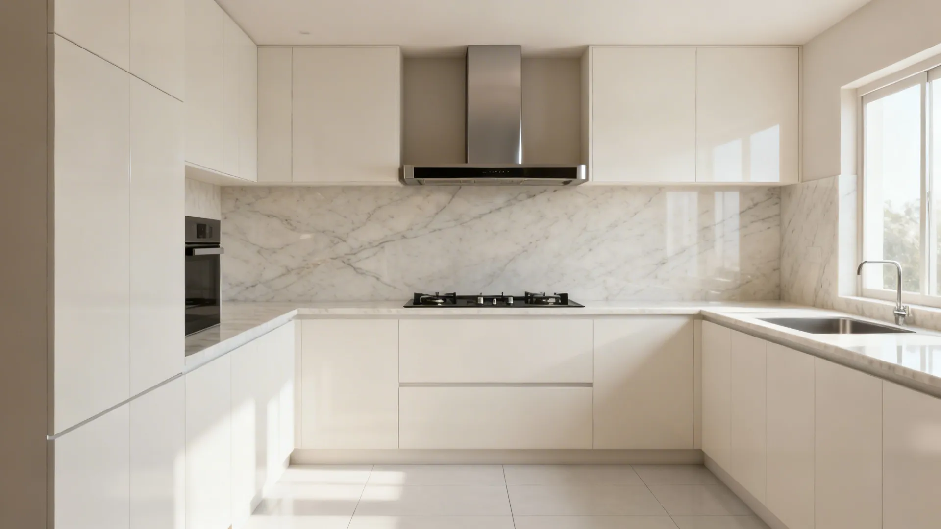 Bengaluru compact kitchen with pale quartz full-height backsplash behind the hob.