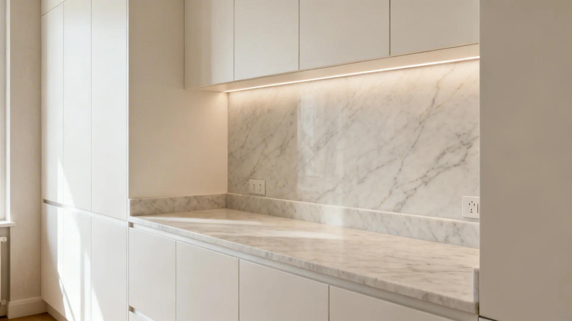 Compact kitchen with a full-height light-veined quartz slab rising from the countertop.