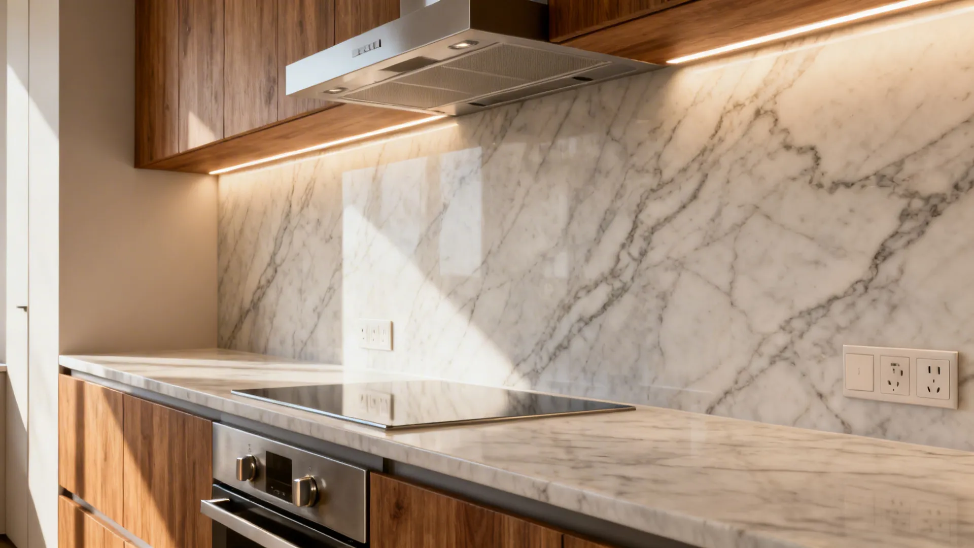 Studio kitchen with a continuous light-veined quartz slab backsplash and matching counter.