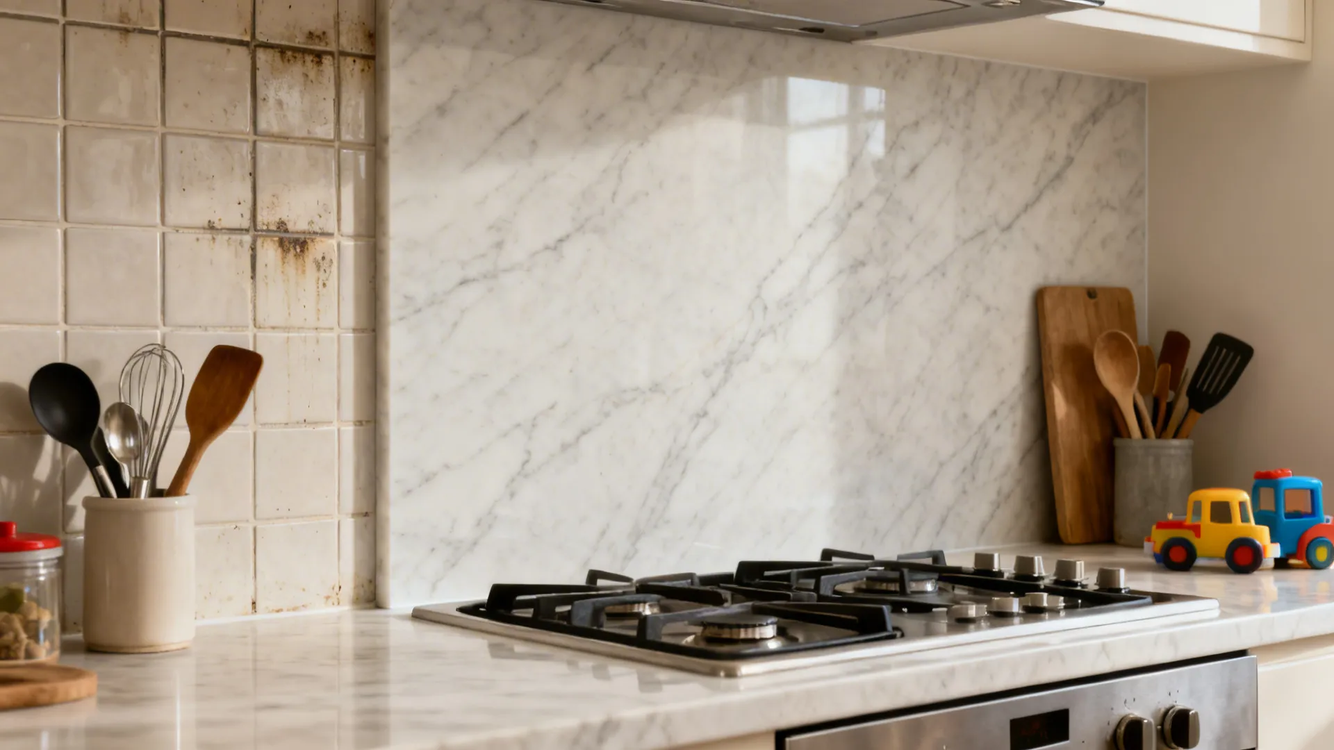 Before-and-after view showing tiled splashback versus seamless subtle-veined quartz slab.