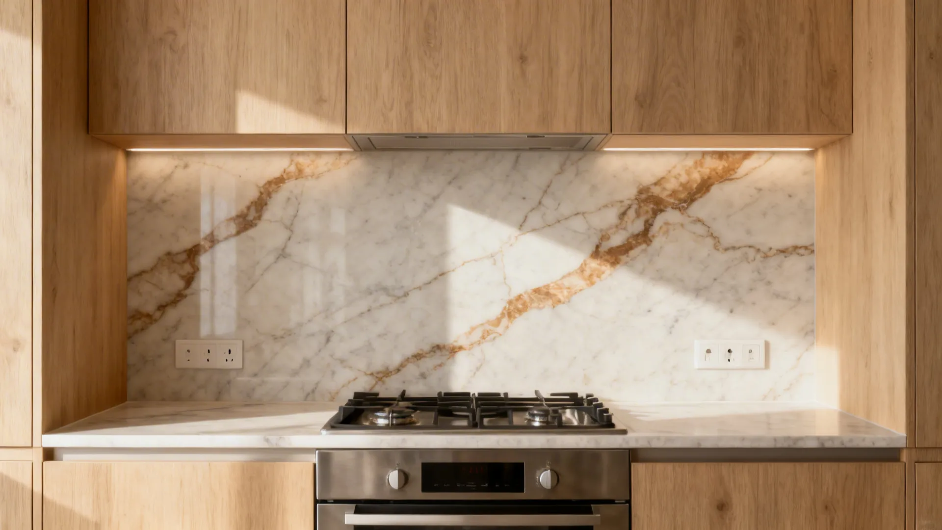 Maple kitchen with light marble-look quartz slab backsplash with warm veining.