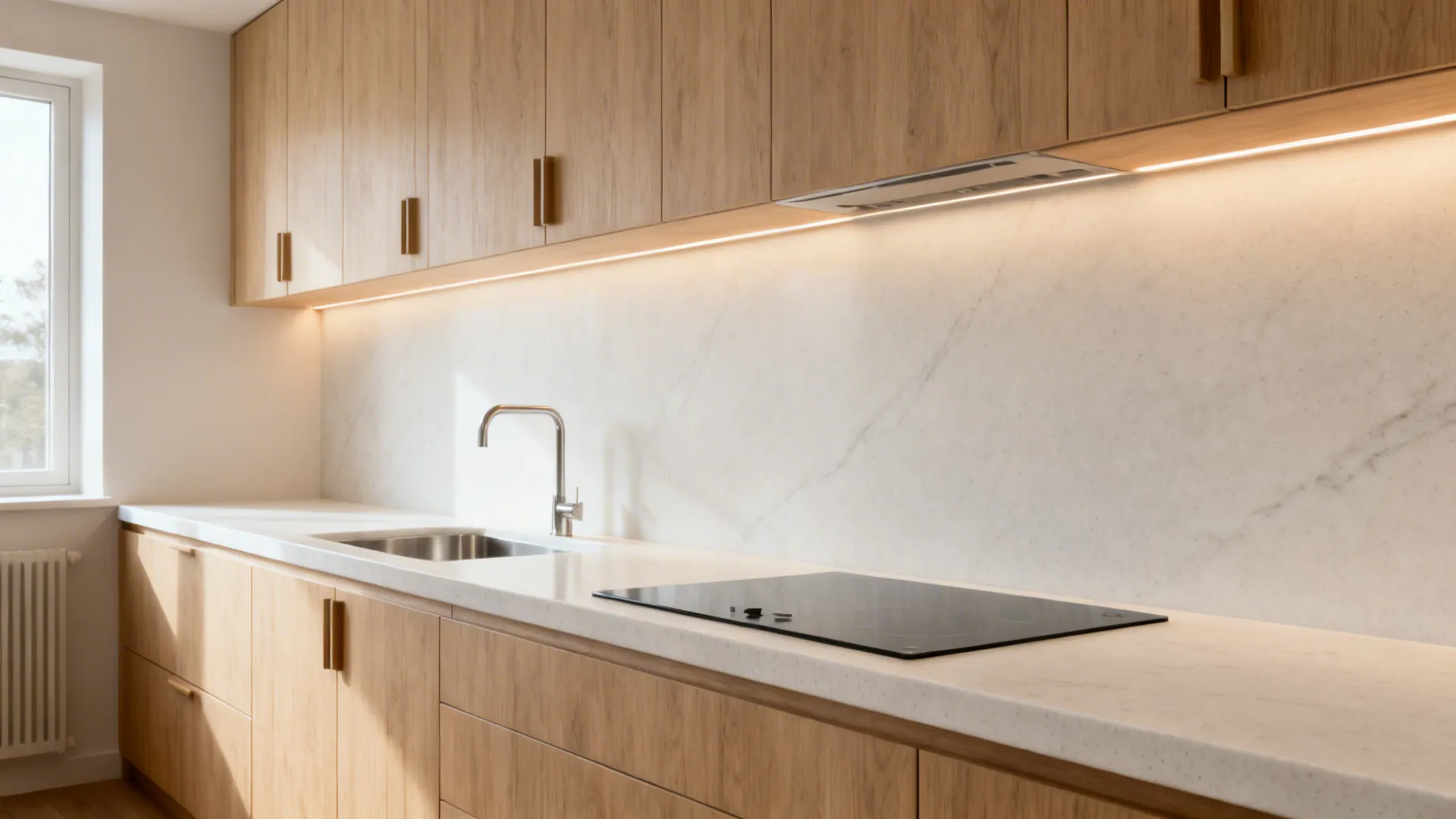 Minimalist warm-white quartz countertop with matching full-height slab backsplash in a small kitchen.