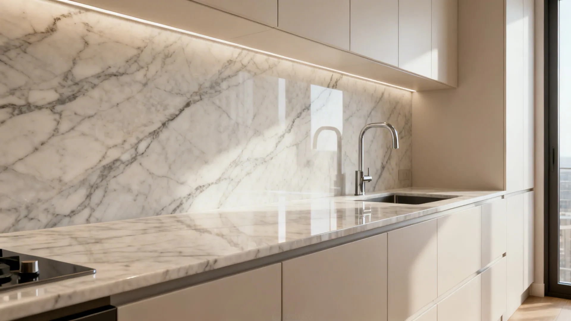 Slab Backsplash (Quartz or Porcelain) for a Seamless Look