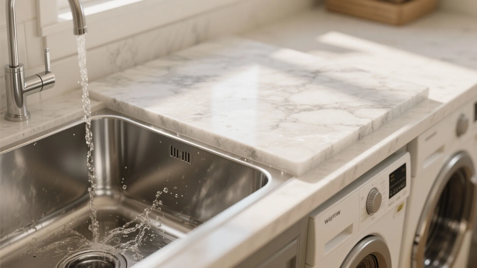 Close up of marble countertop with silver sink and water running from a tall metal faucet