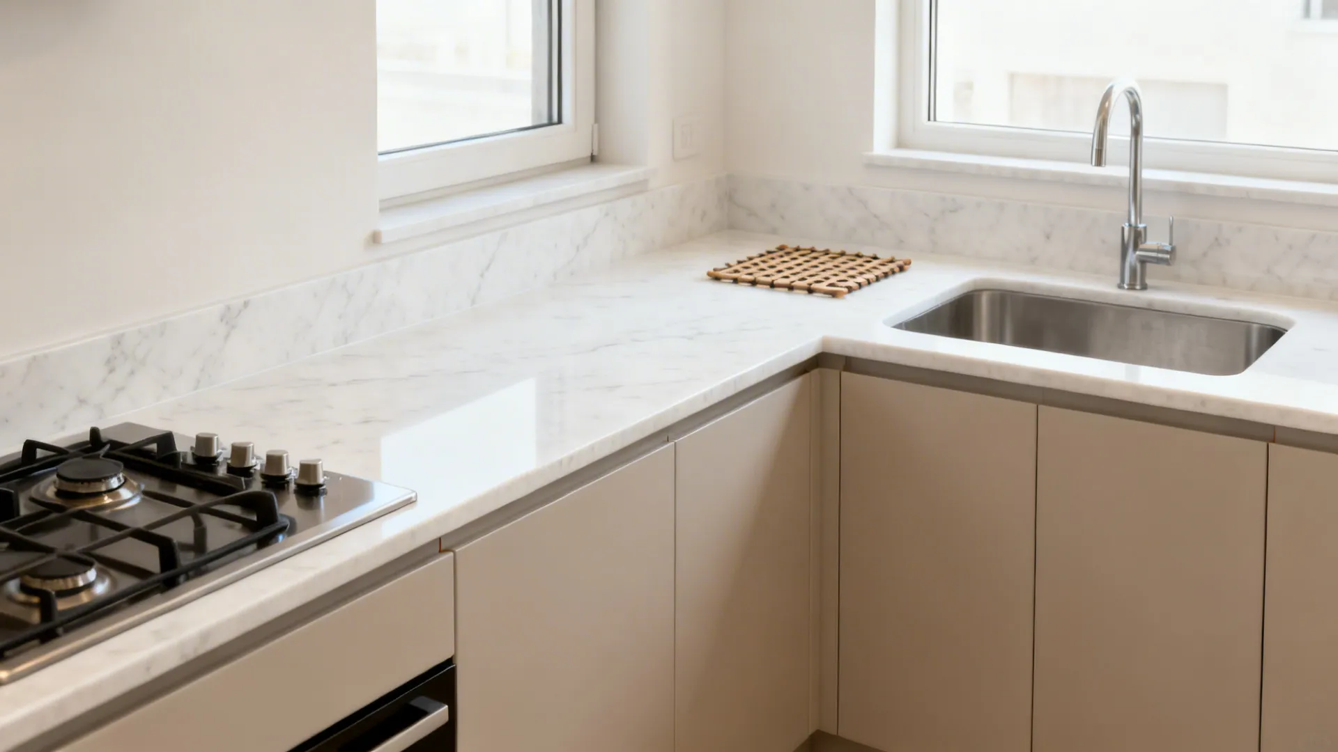 Small L-shaped kitchen with soft white veined quartz counters and 20 mm edges.