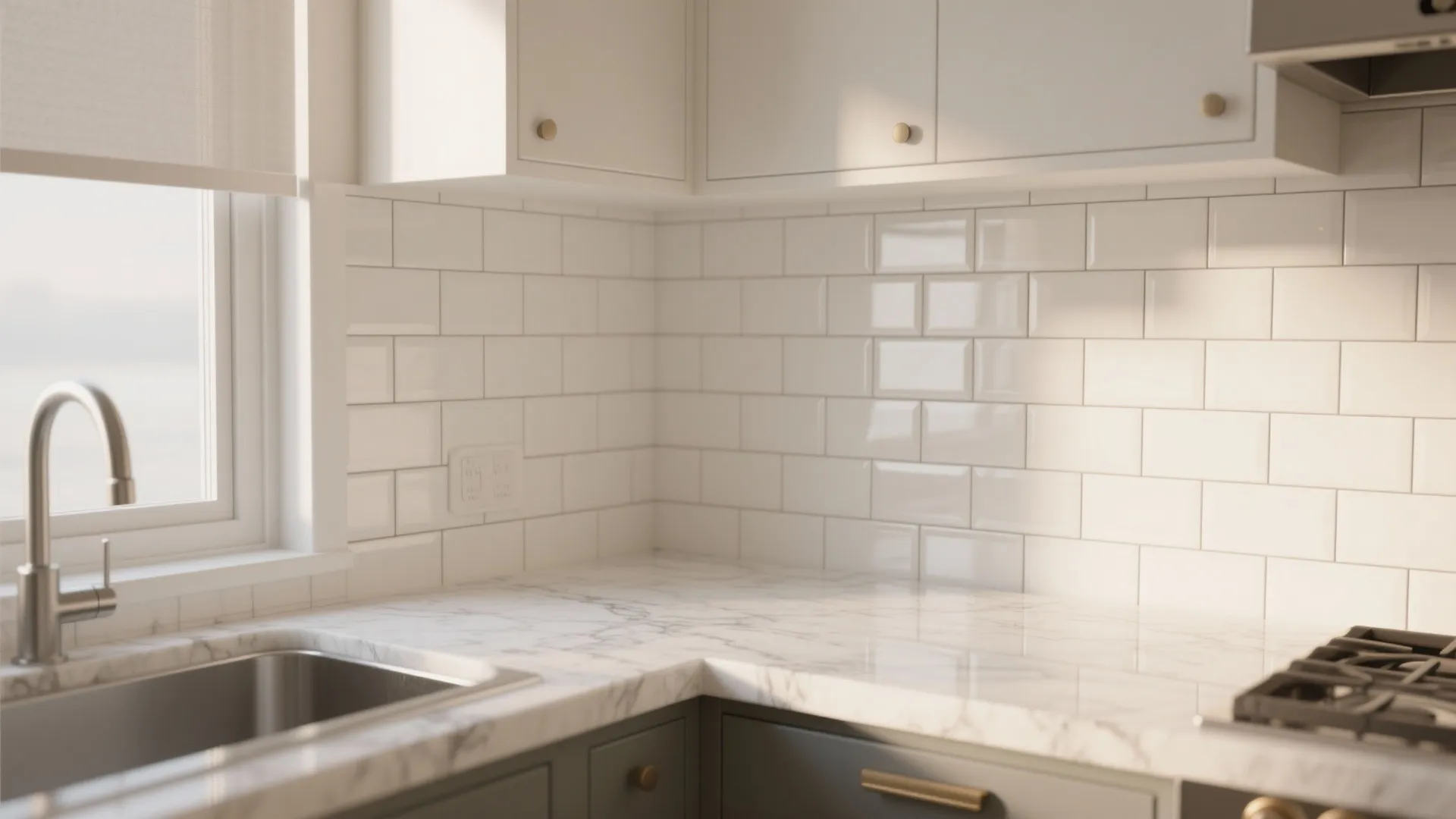 1. Quartz countertop + full-height subway tile backsplash