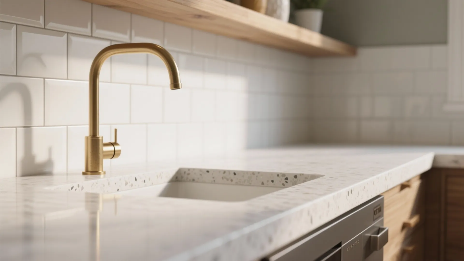 1. Classic Quartz Countertop + Subway Tile Backsplash