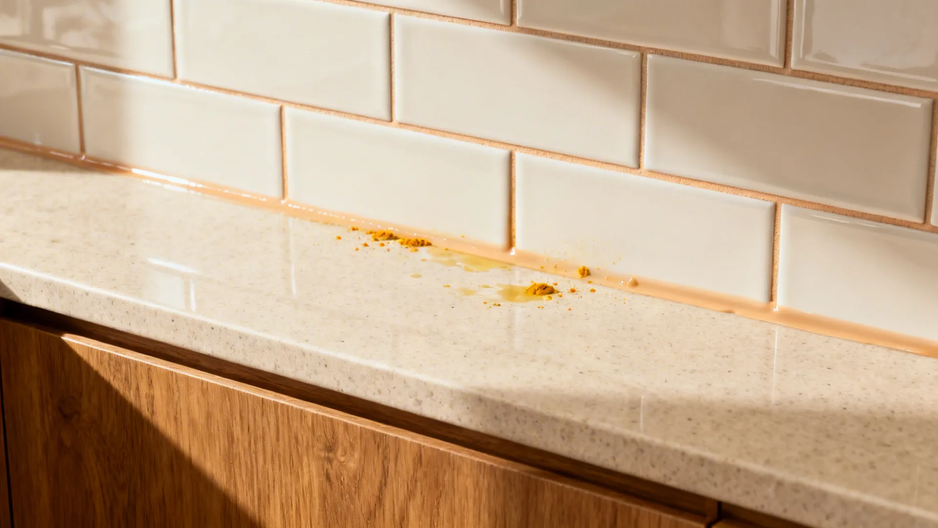Tile Backsplash + Quartz Counter: Easy-Clean for Spices and Splatters