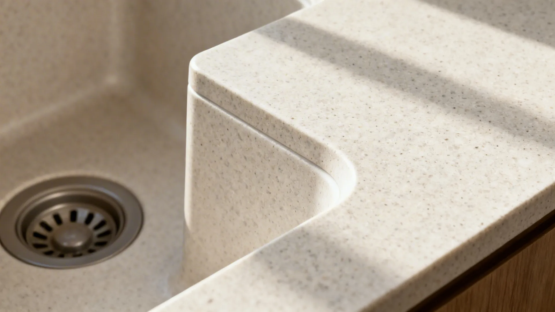 Macro of under-mount quartz composite sink edge meeting quartz countertop with a seamless finish.