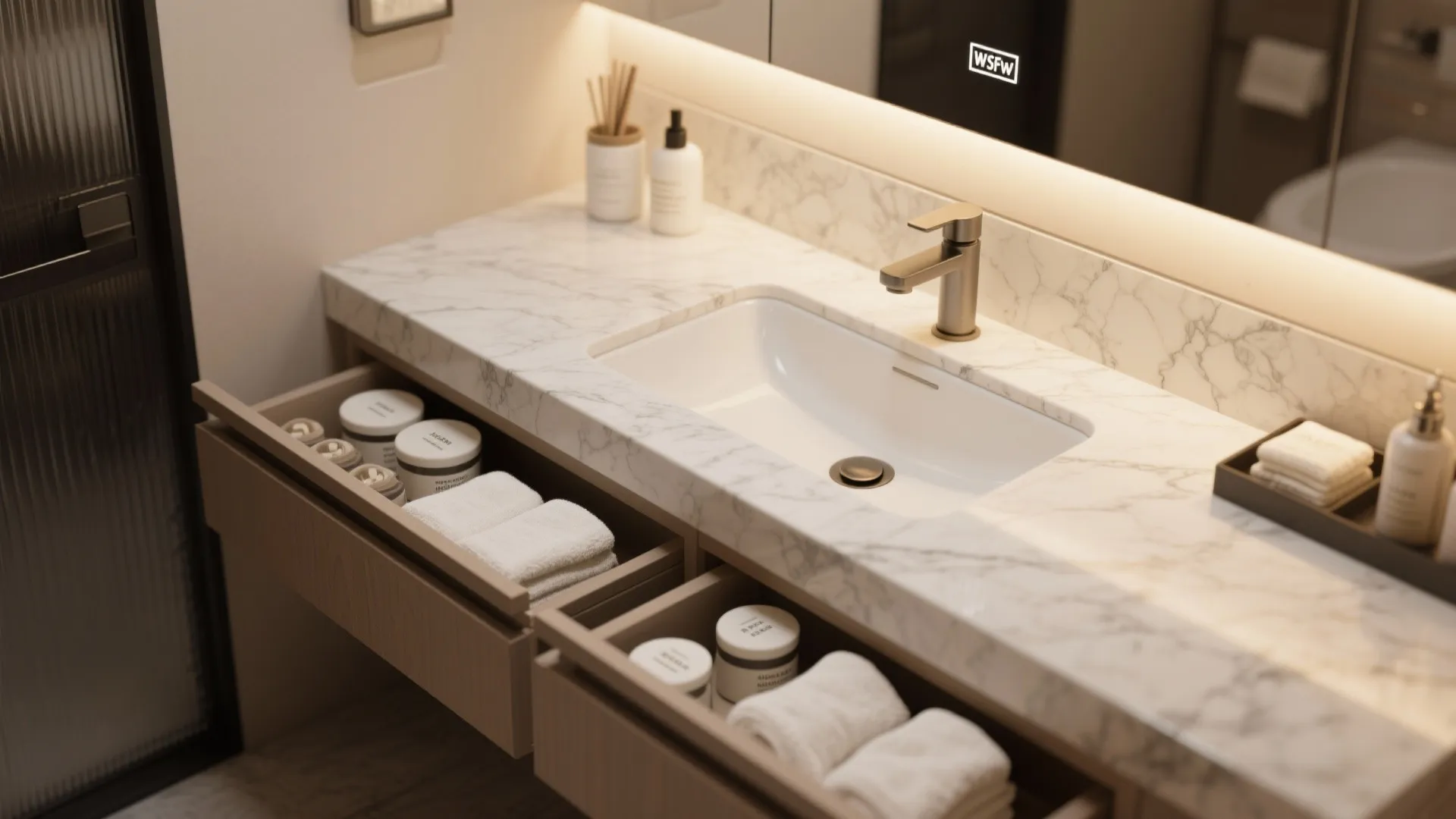 1. Compact quartz vanity with hidden storage