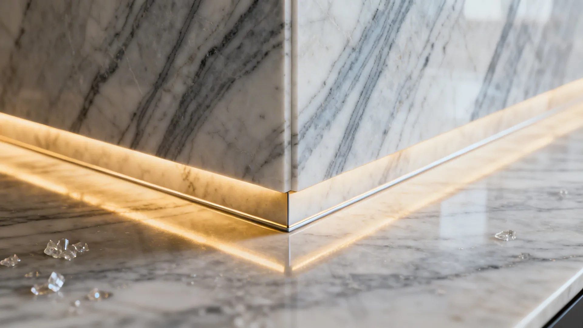 Macro of quartz slab backsplash with subtle gray veining and satin sheen.