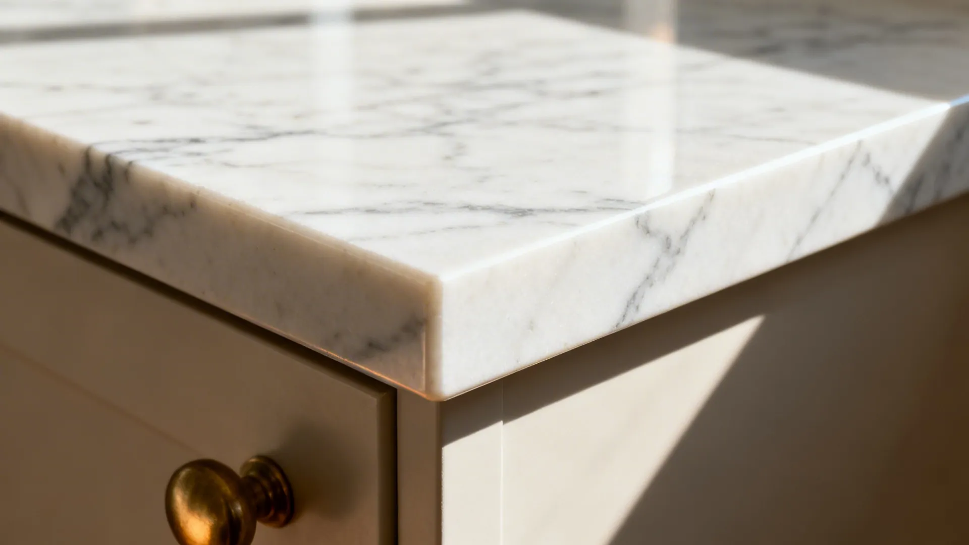 Macro detail of soft-grey veining on a white engineered quartz countertop edge.