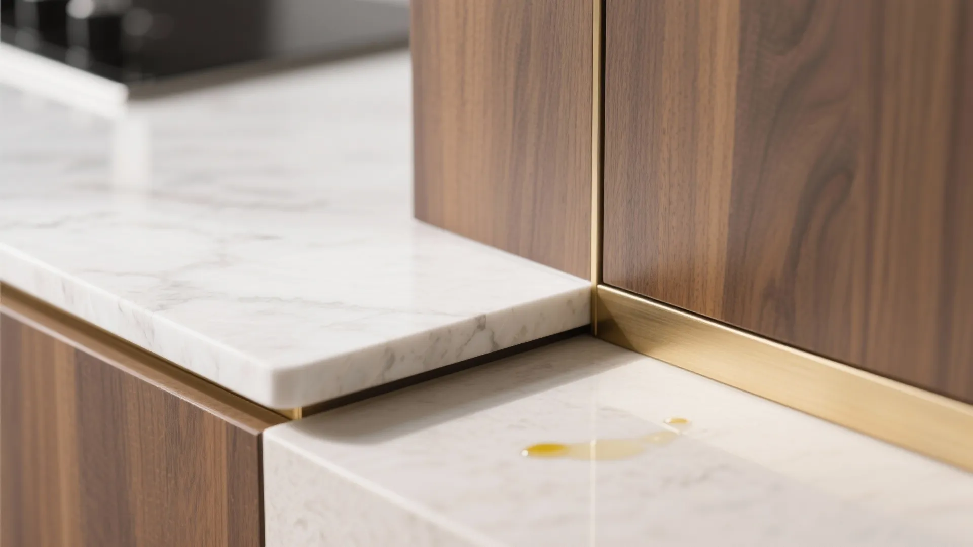 Modern white marble countertop meeting dark wood cabinets with thin gold metal trim and spilled oil
