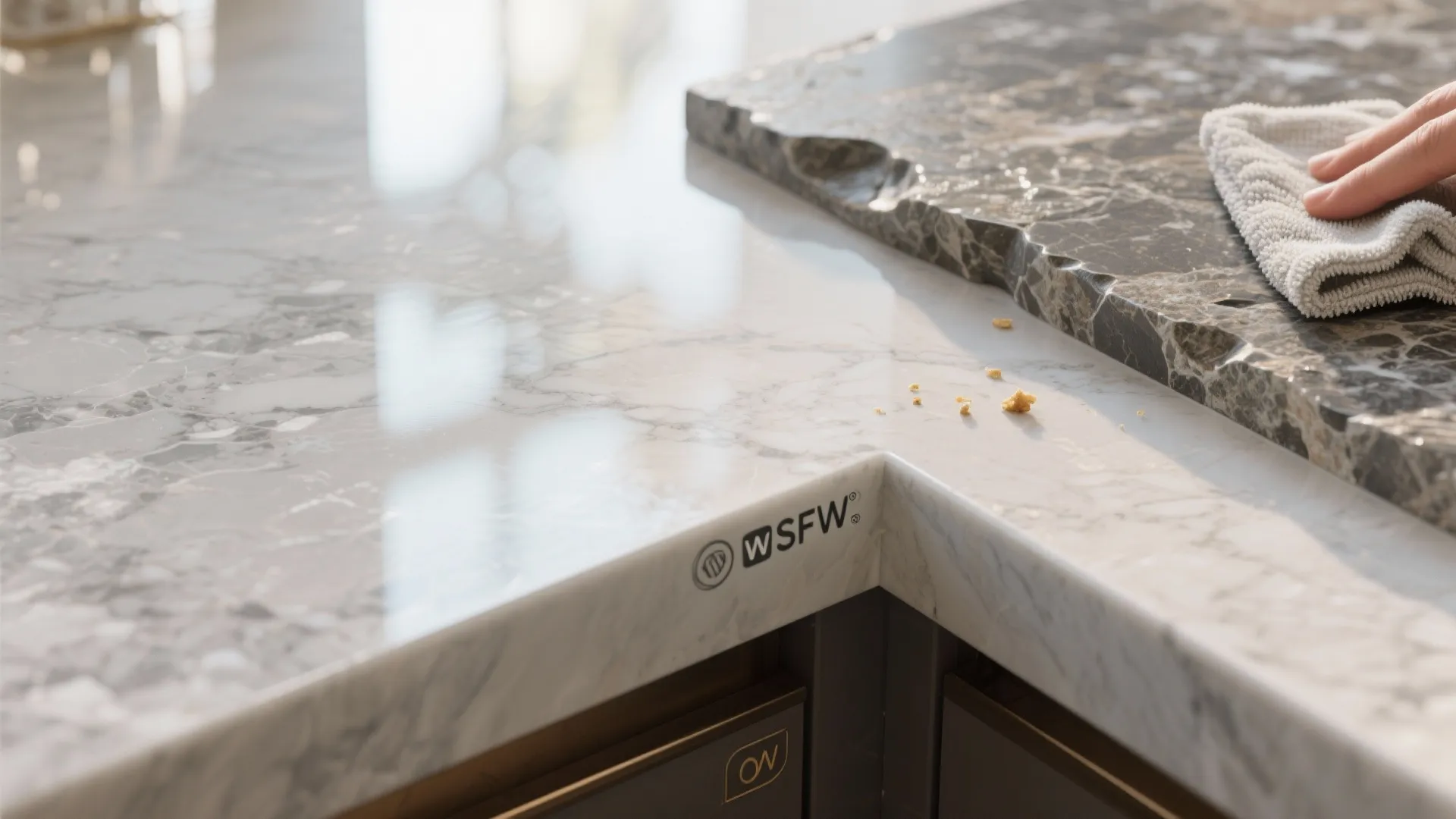Close up of person cleaning white marble kitchen countertop with grey cloth near some crumbs