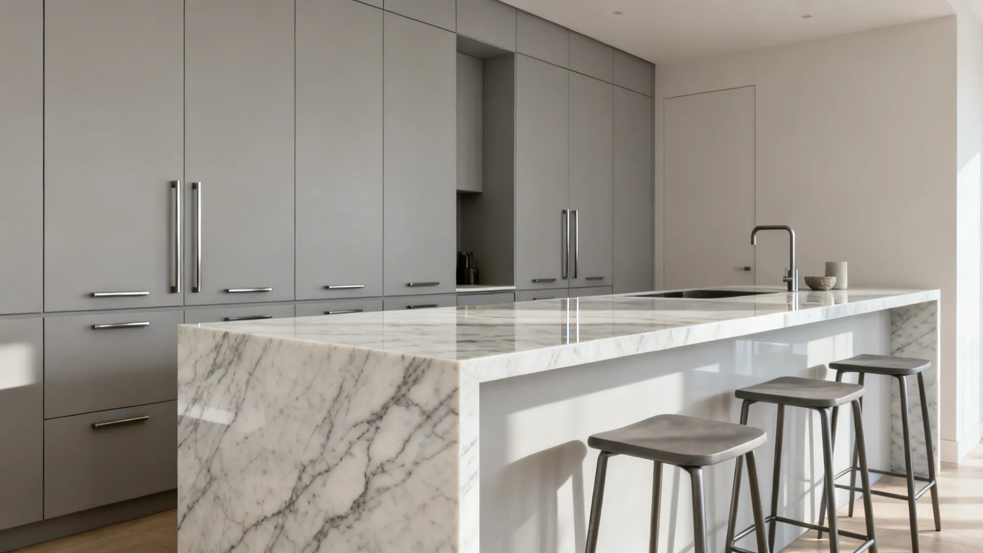 Quartz waterfall edge kitchen bar with seamless veining and tucked stools in a minimalist space.