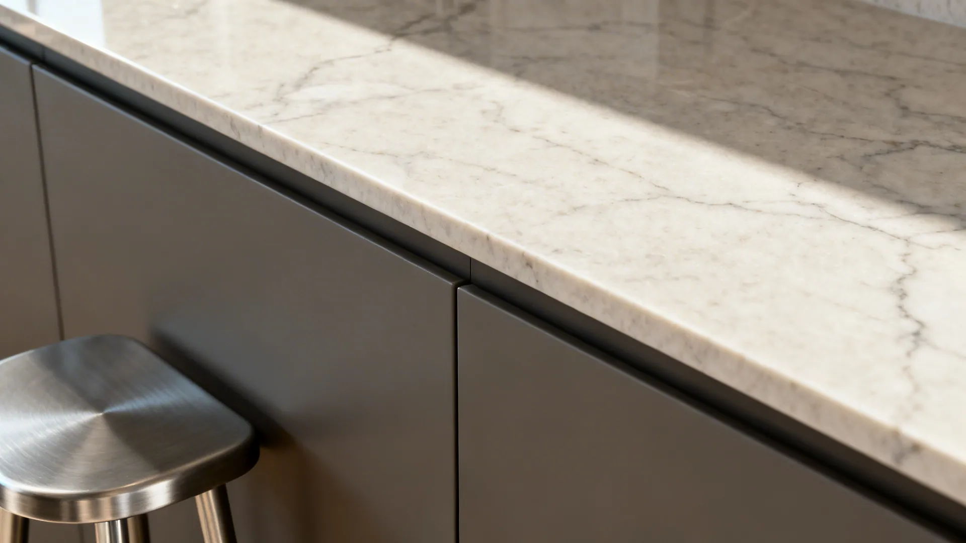 Macro of a low-sheen quartz waterfall edge meeting a matte cabinet panel with crisp shadow lines.