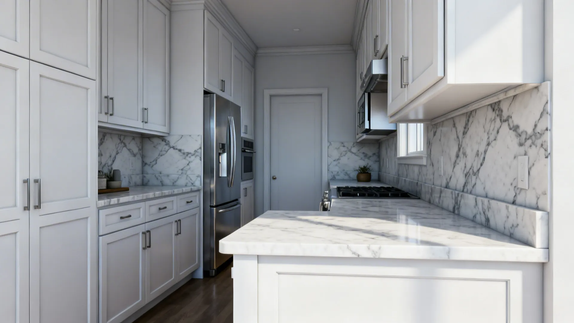 Marble-Look Quartz + White Cabinets