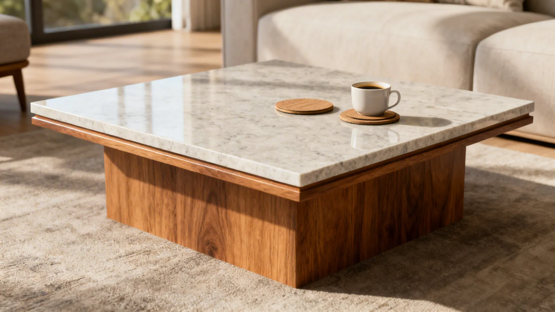 Coffee table with engineered quartz top and solid oak base in a living room setting.