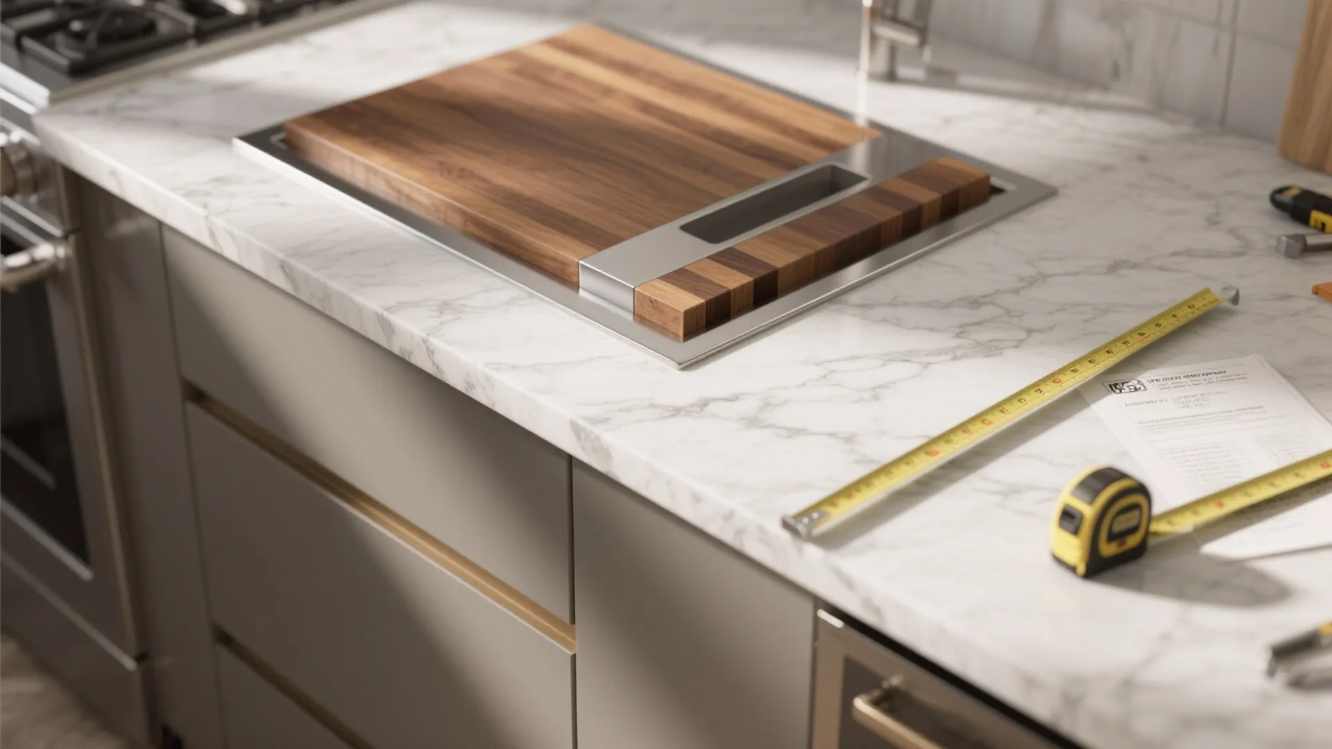 Marble countertop with a built in wooden cutting board next to a yellow measuring tape tool