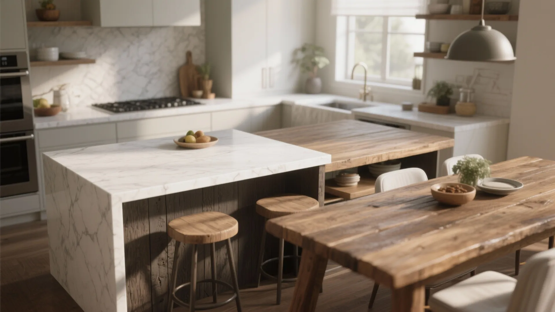 2. Rustic Wood Meets Modern Quartz