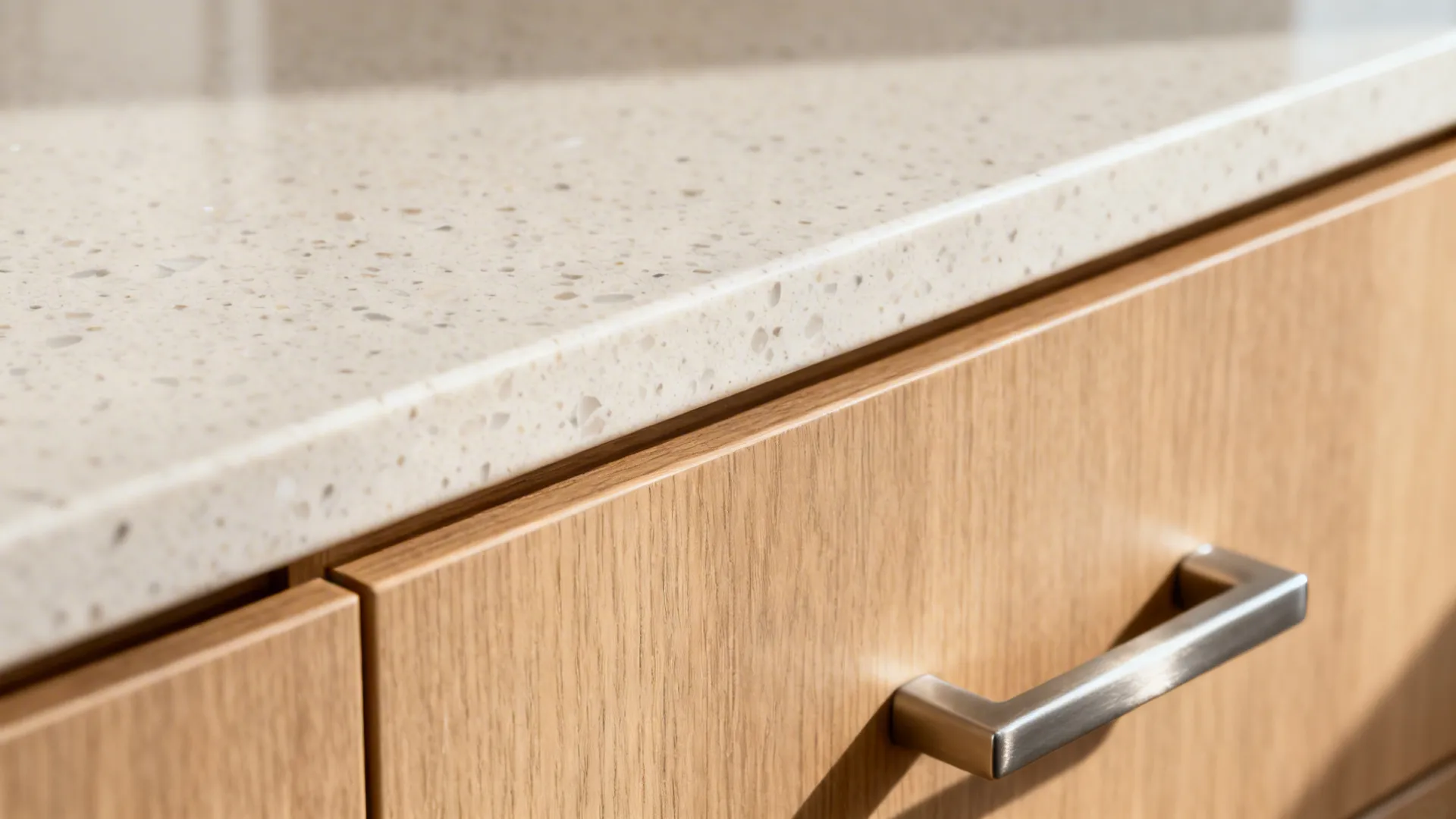 Close-up of a light quartz counter edge above a warm wood laminate drawer with a sleek handle.