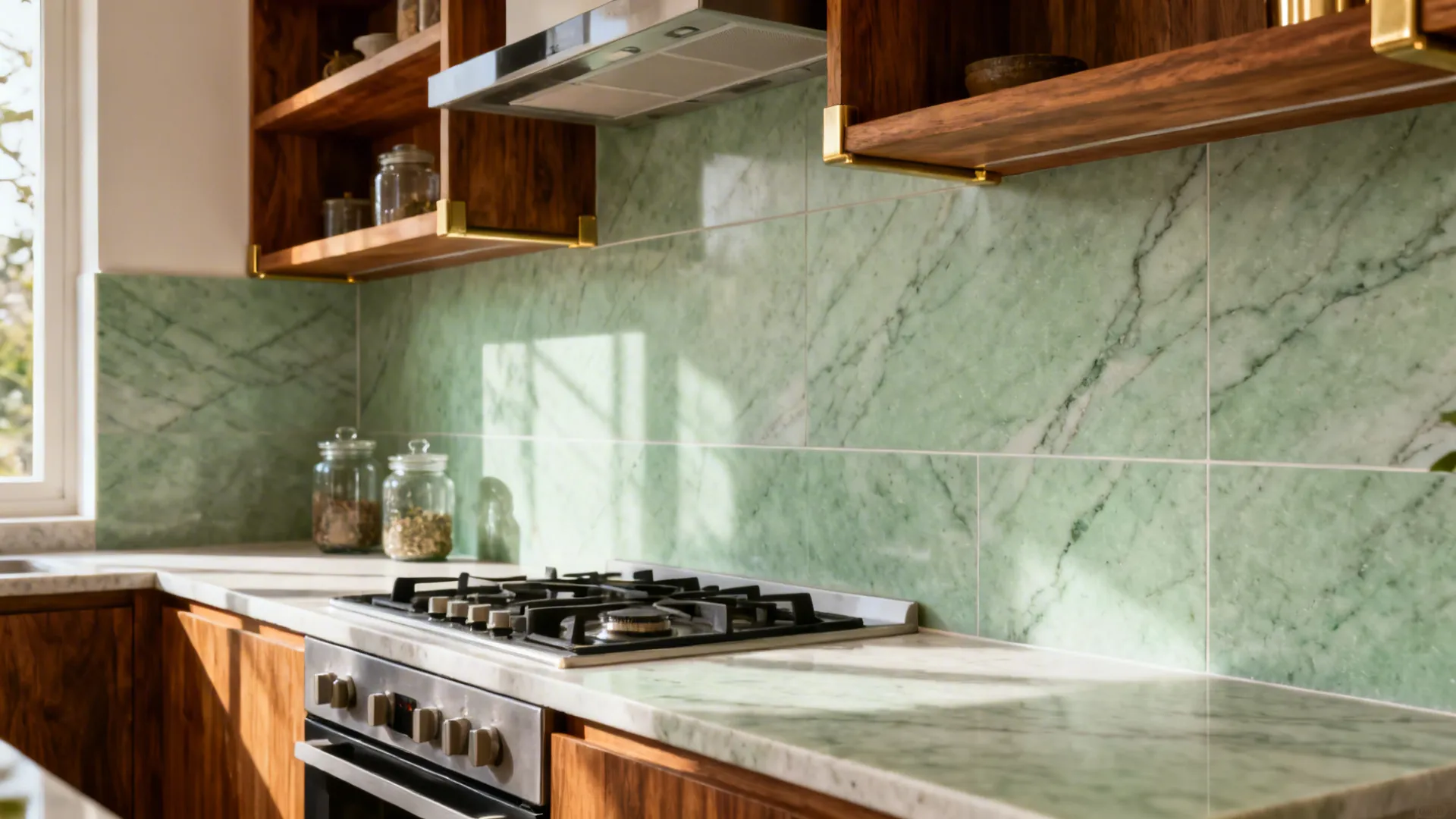 Pale green quartzite slab backsplash with subtle veining and teak shelves in a compact kitchen.